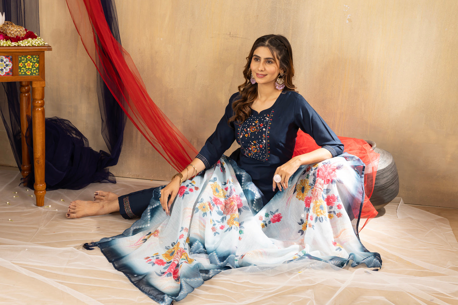 Lorenvalley Fashion Blue Viscose mango silk Multi Embroidery Thread with Hand Work Kurta Pant Dupatta - Swadesiicart
