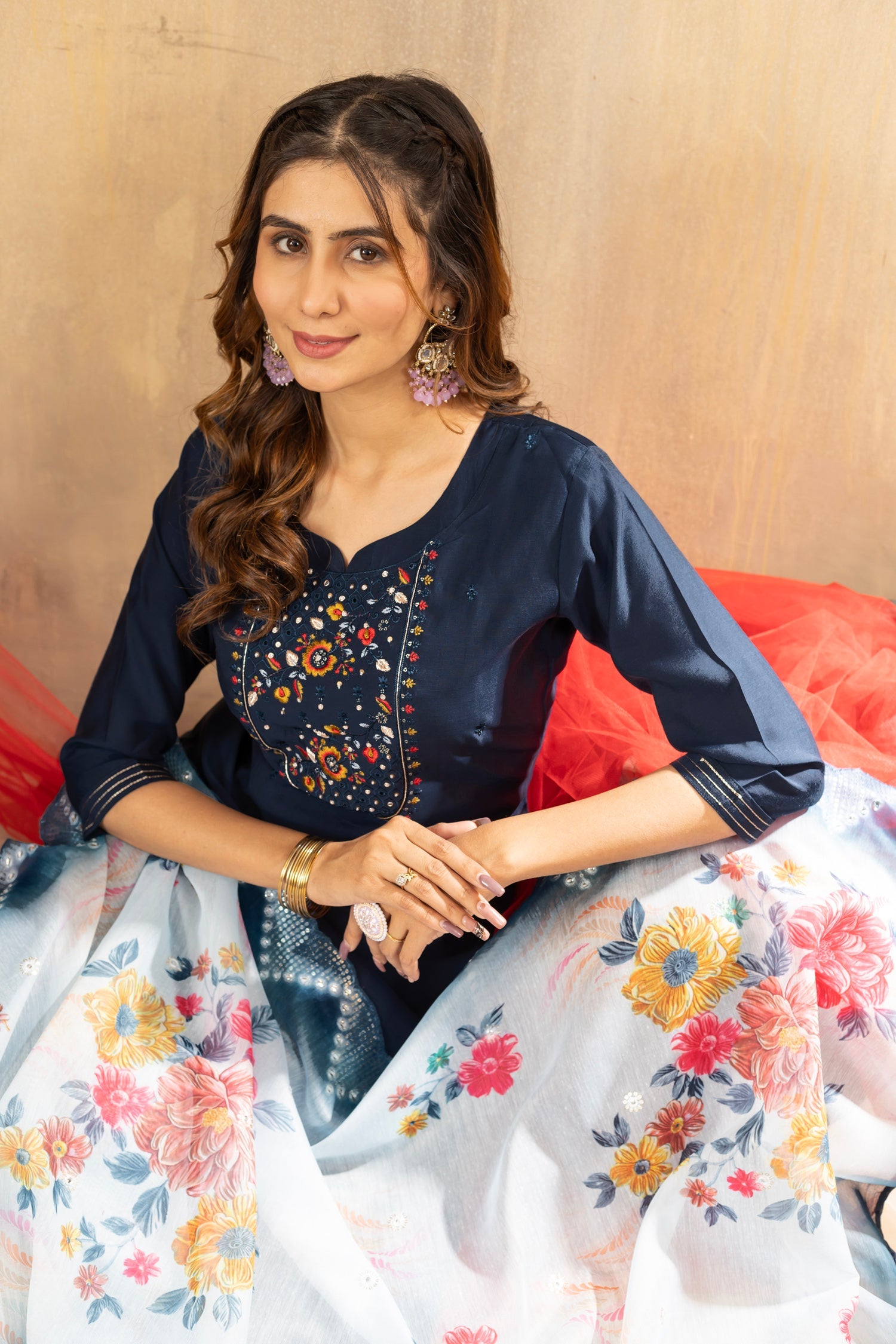 Lorenvalley Fashion Blue Viscose mango silk Multi Embroidery Thread with Hand Work Kurta Pant Dupatta - Swadesiicart