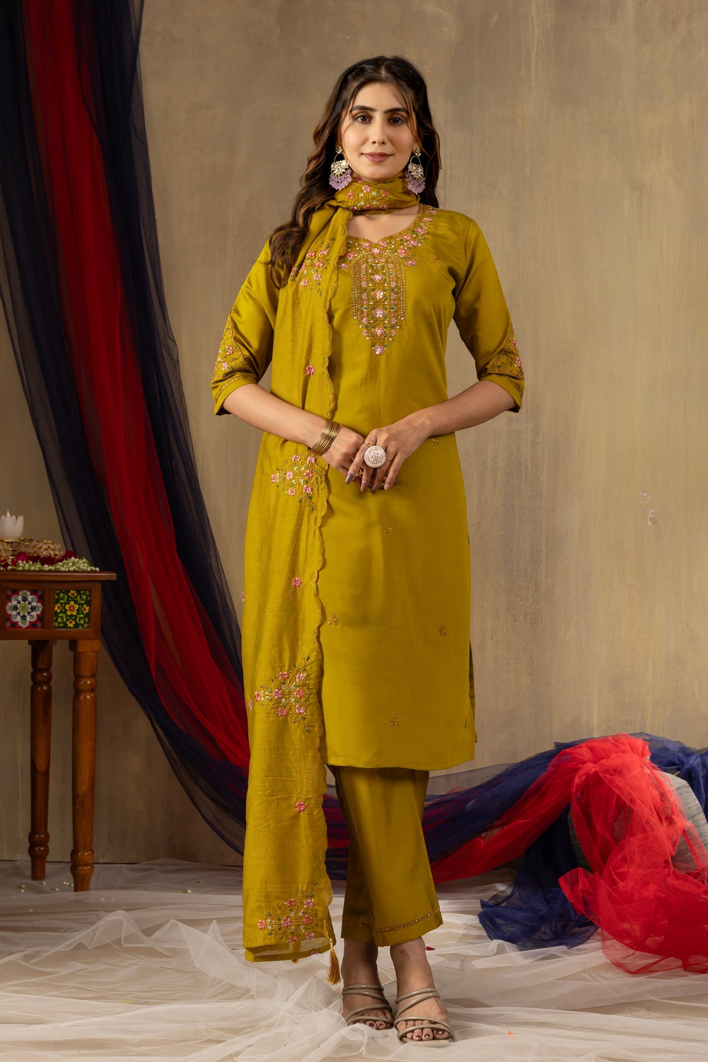 Lorenvalley Fashion Mustard Roman Silk Embroidery Sequins with Hand work Kurta Pant Dupatta - Swadesiicart