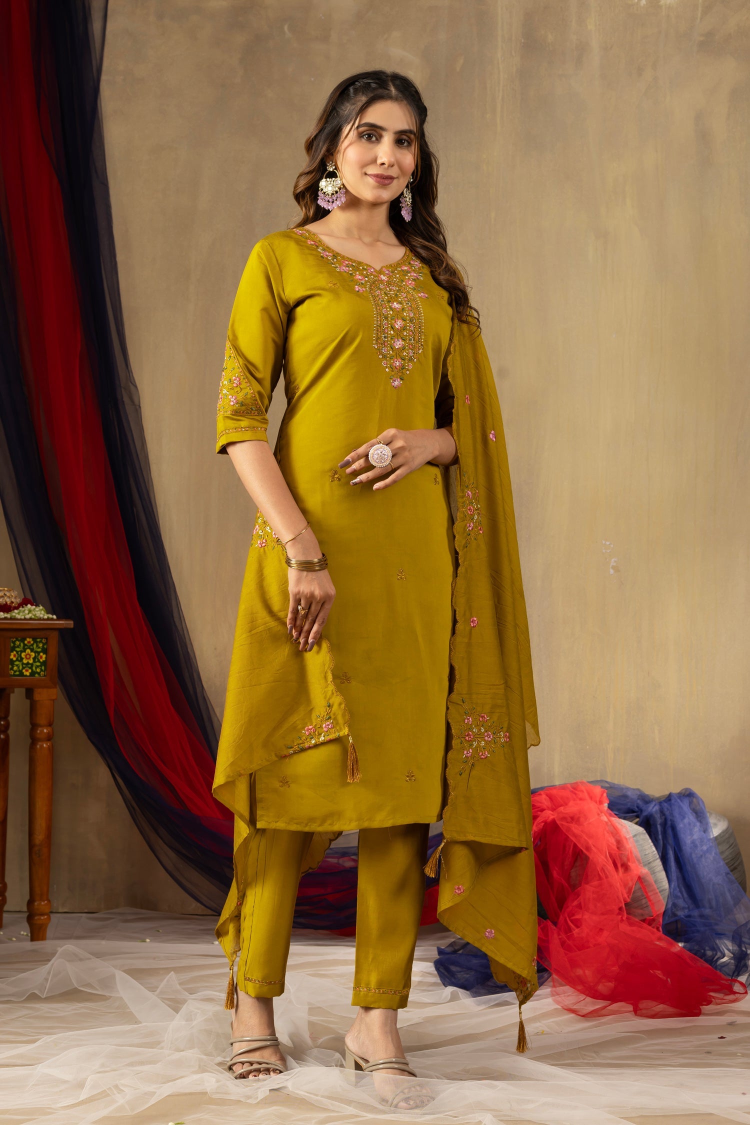 Lorenvalley Fashion Mustard Roman Silk Embroidery Sequins with Hand work Kurta Pant Dupatta - Swadesiicart