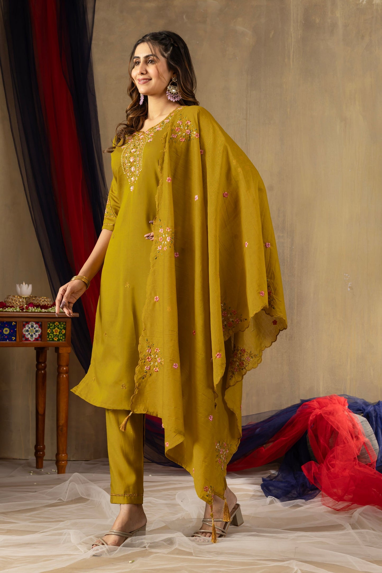 Lorenvalley Fashion Mustard Roman Silk Embroidery Sequins with Hand work Kurta Pant Dupatta - Swadesiicart