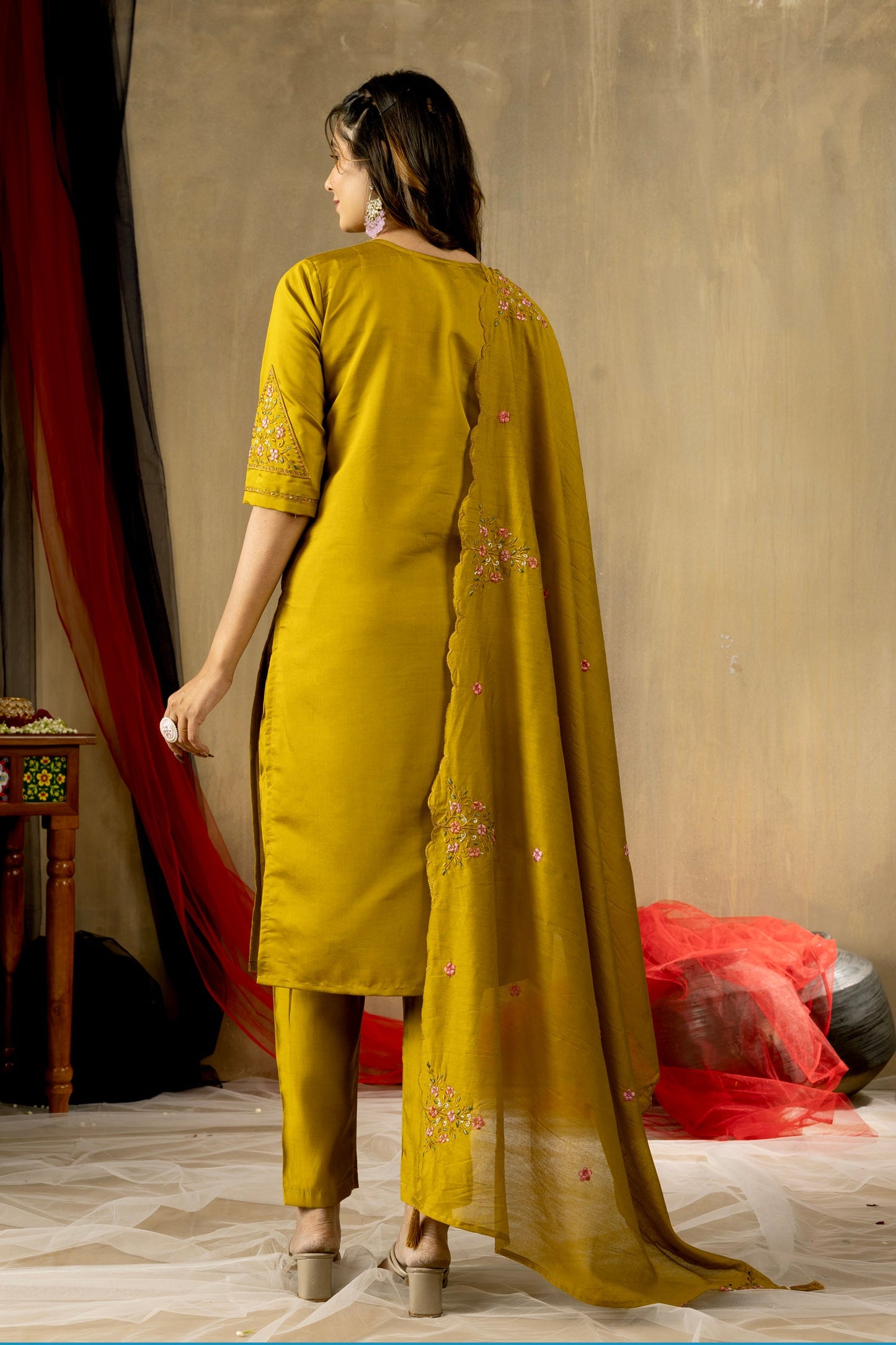 Lorenvalley Fashion Mustard Roman Silk Embroidery Sequins with Hand work Kurta Pant Dupatta - Swadesiicart