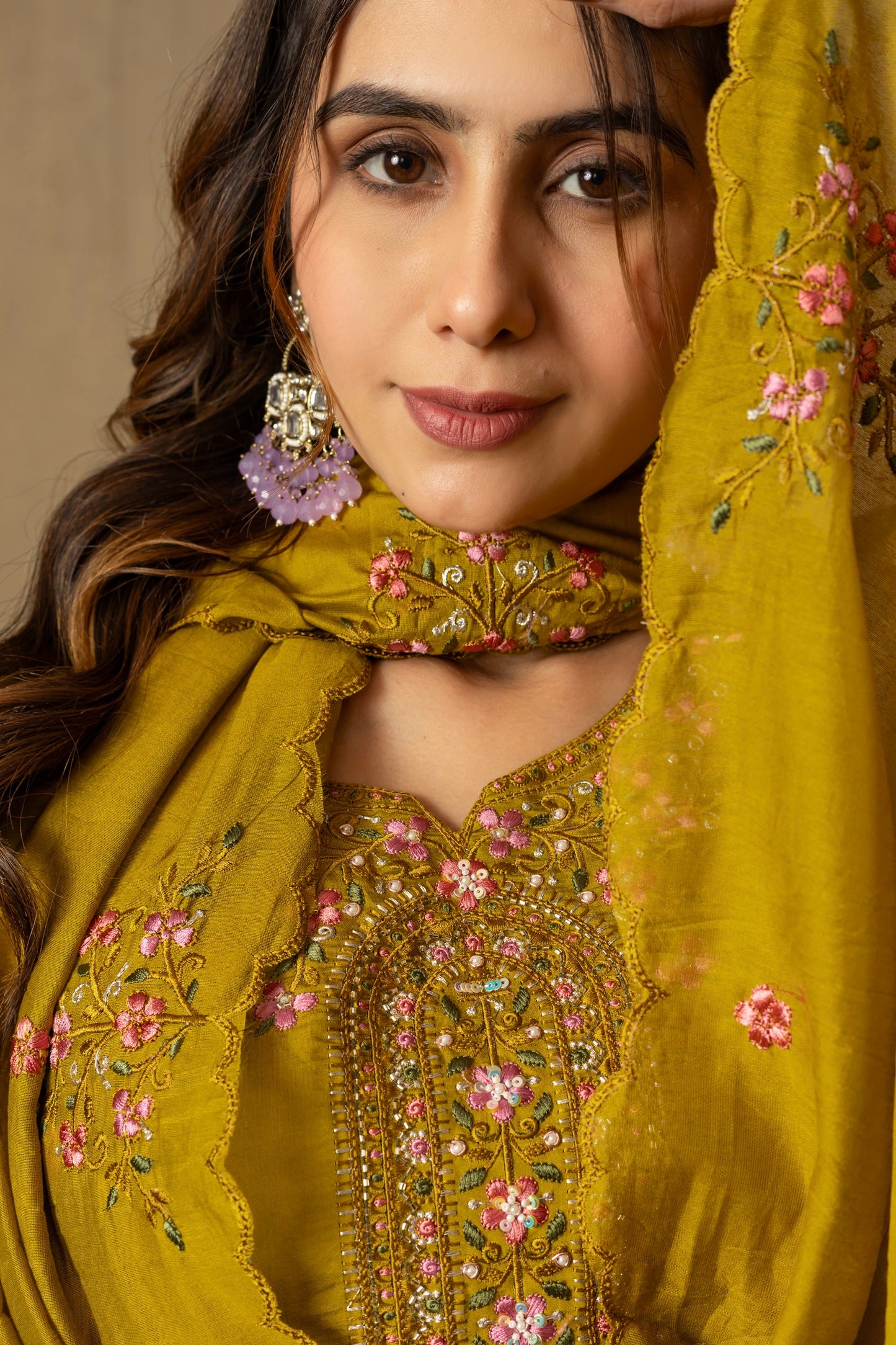 Lorenvalley Fashion Mustard Roman Silk Embroidery Sequins with Hand work Kurta Pant Dupatta - Swadesiicart