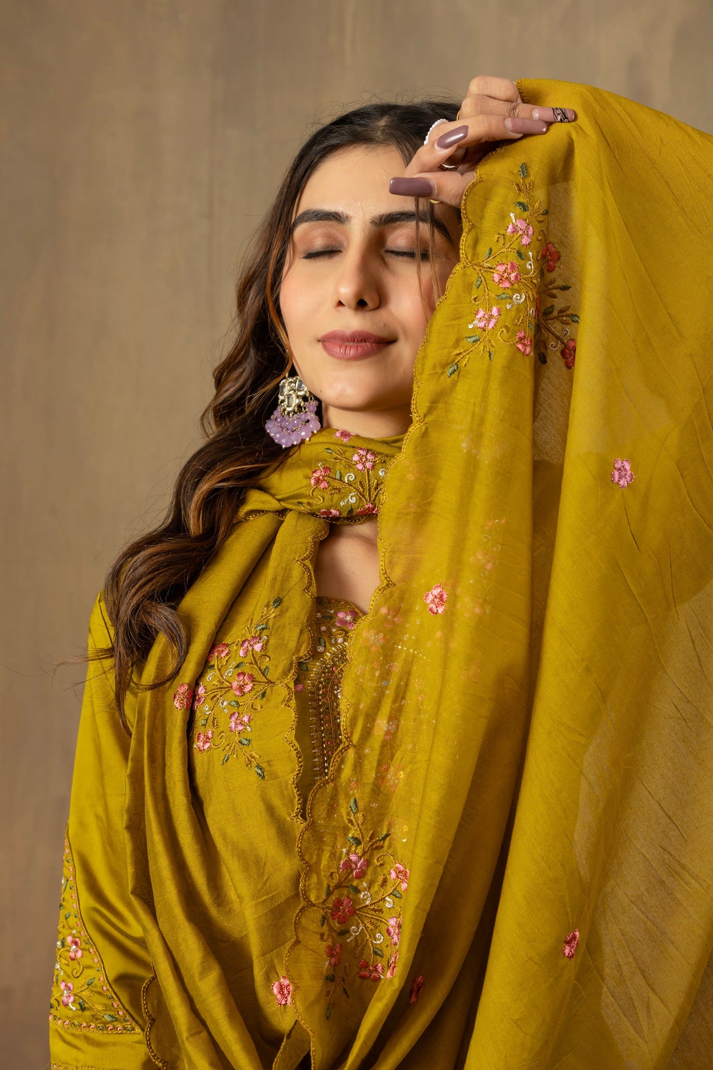 Lorenvalley Fashion Mustard Roman Silk Embroidery Sequins with Hand work Kurta Pant Dupatta - Swadesiicart