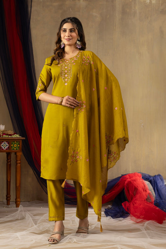 Lorenvalley Fashion Mustard Roman Silk Embroidery Sequins with Hand work Kurta Pant Dupatta - Swadesiicart