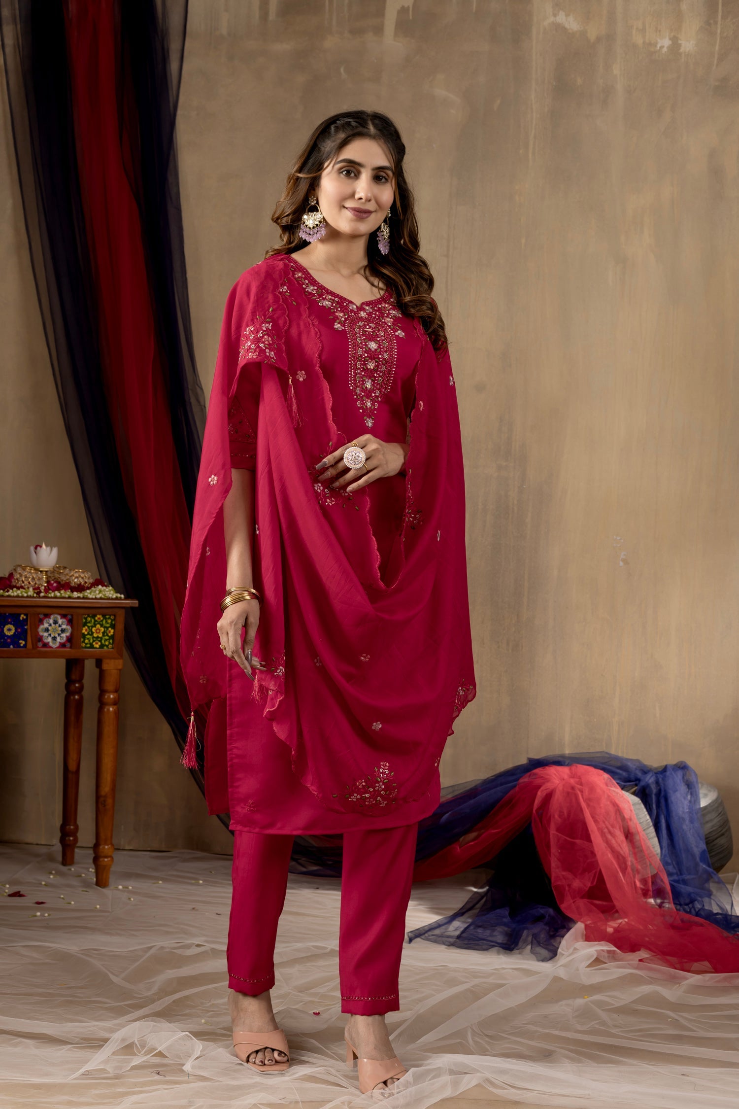 Lorenvalley Fashion Ranipink Roman Silk Embroidery Sequins with Hand work Kurta Pant Dupatta - Swadesiicart