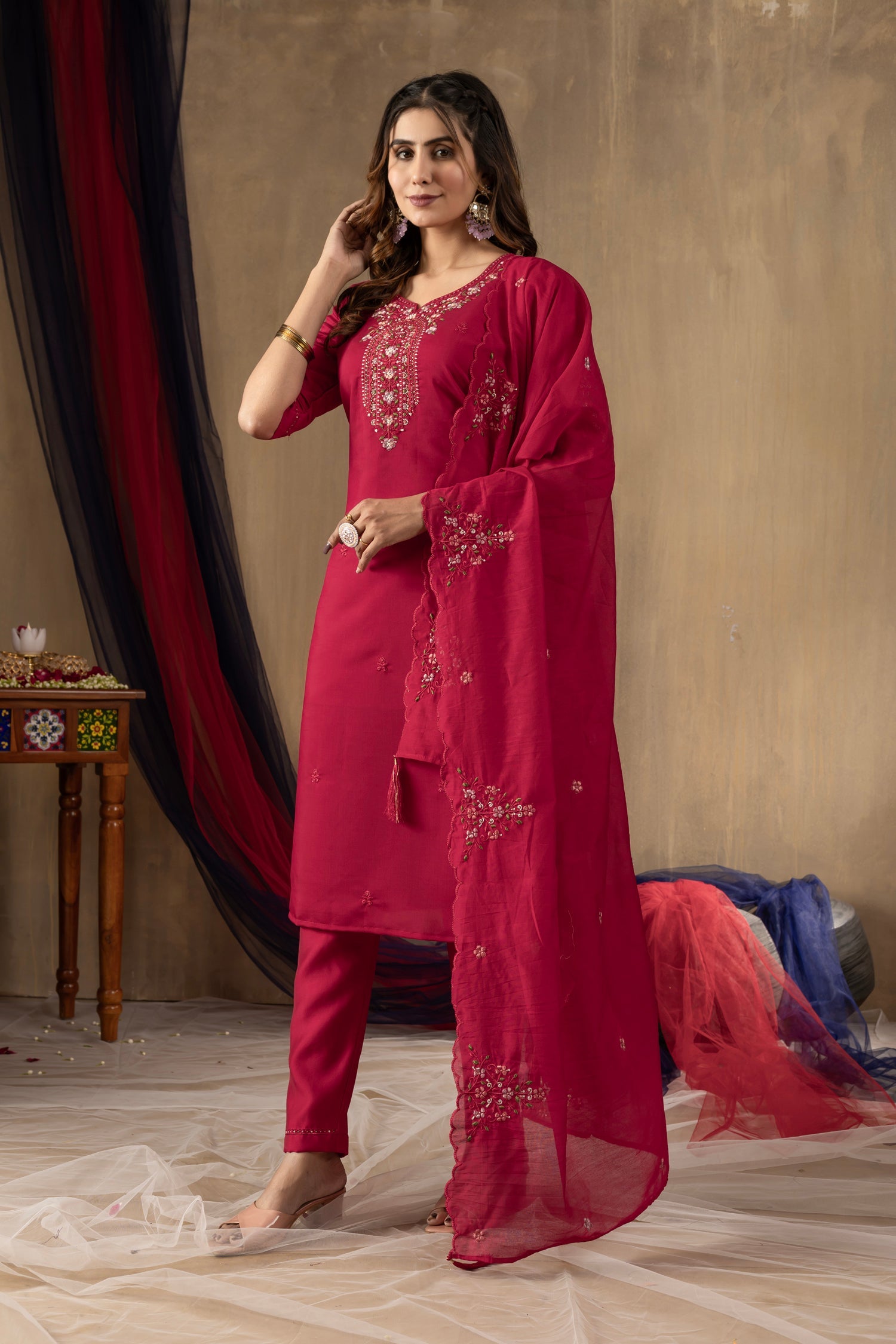 Lorenvalley Fashion Ranipink Roman Silk Embroidery Sequins with Hand work Kurta Pant Dupatta - Swadesiicart