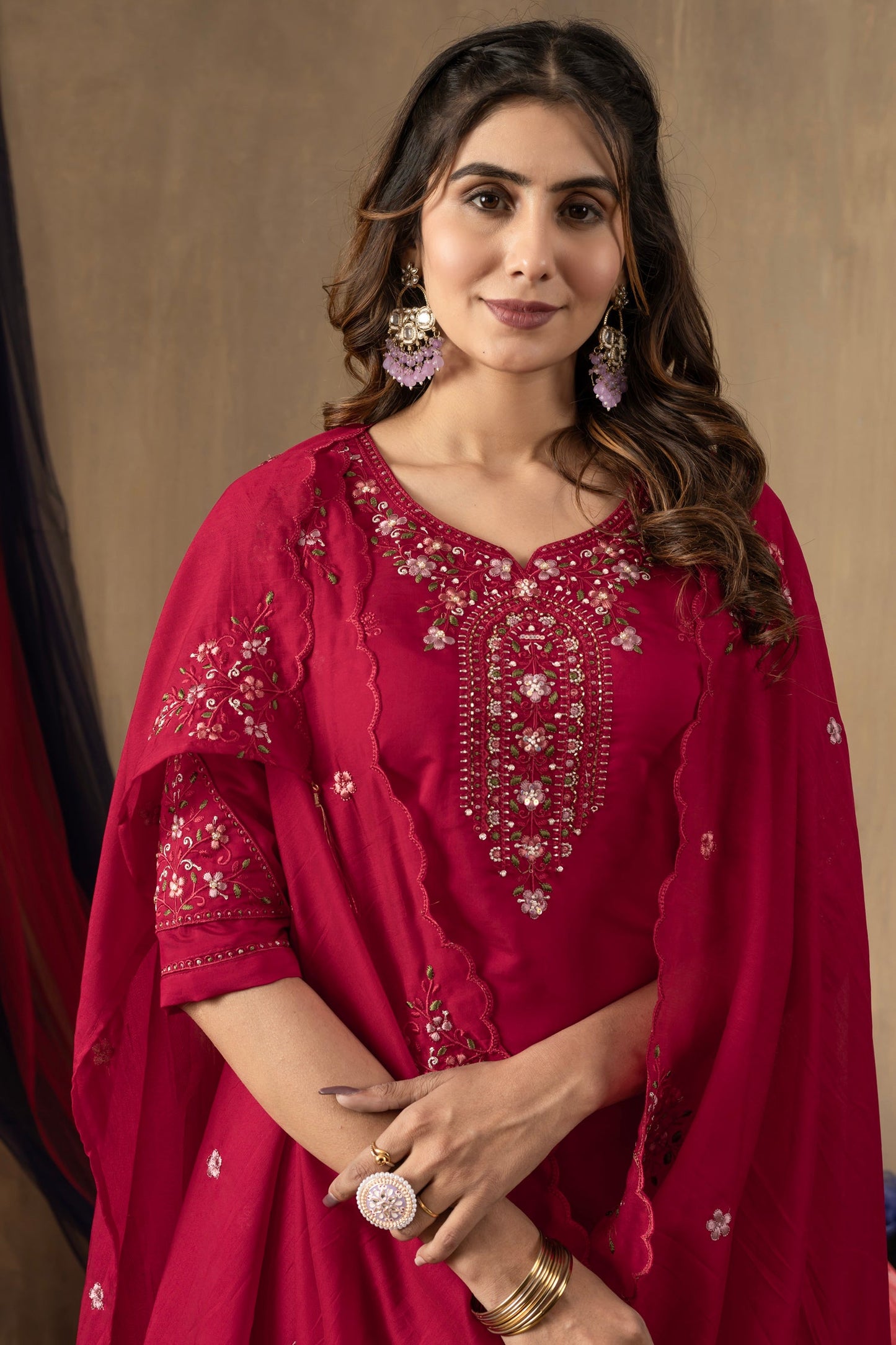 Lorenvalley Fashion Ranipink Roman Silk Embroidery Sequins with Hand work Kurta Pant Dupatta - Swadesiicart