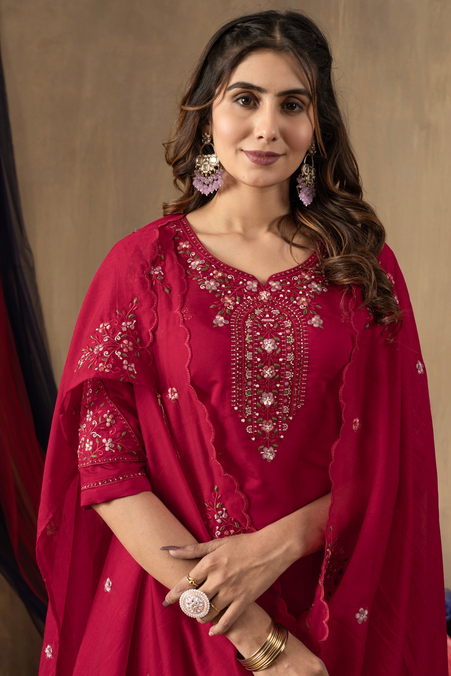 Lorenvalley Fashion Ranipink Roman Silk Embroidery Sequins with Hand work Kurta Pant Dupatta - Swadesiicart