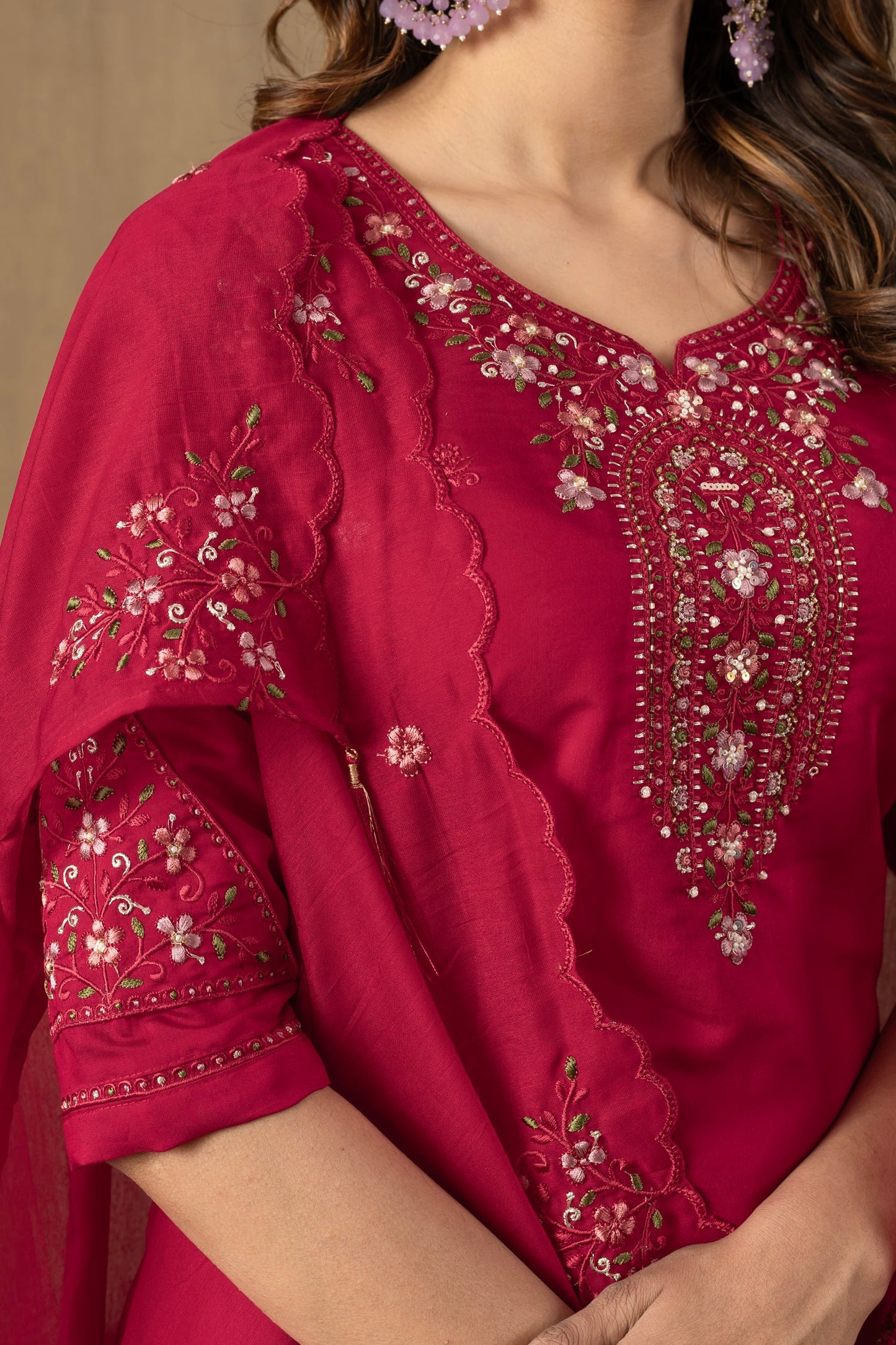 Lorenvalley Fashion Ranipink Roman Silk Embroidery Sequins with Hand work Kurta Pant Dupatta - Swadesiicart