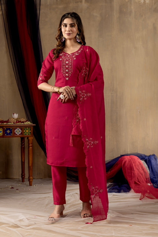 Lorenvalley Fashion Ranipink Roman Silk Embroidery Sequins with Hand work Kurta Pant Dupatta - Swadesiicart