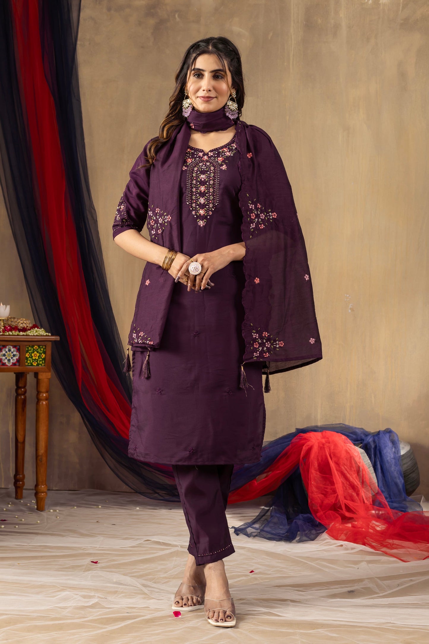 Lorenvalley Fashion Wine Roman Silk Embroidery Sequins with Hand work Kurta Pant Dupatta - Swadesiicart