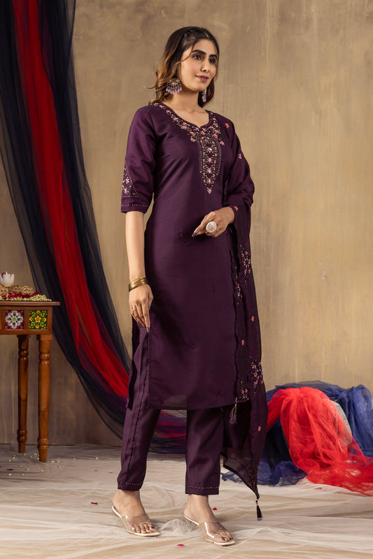 Lorenvalley Fashion Wine Roman Silk Embroidery Sequins with Hand work Kurta Pant Dupatta - Swadesiicart