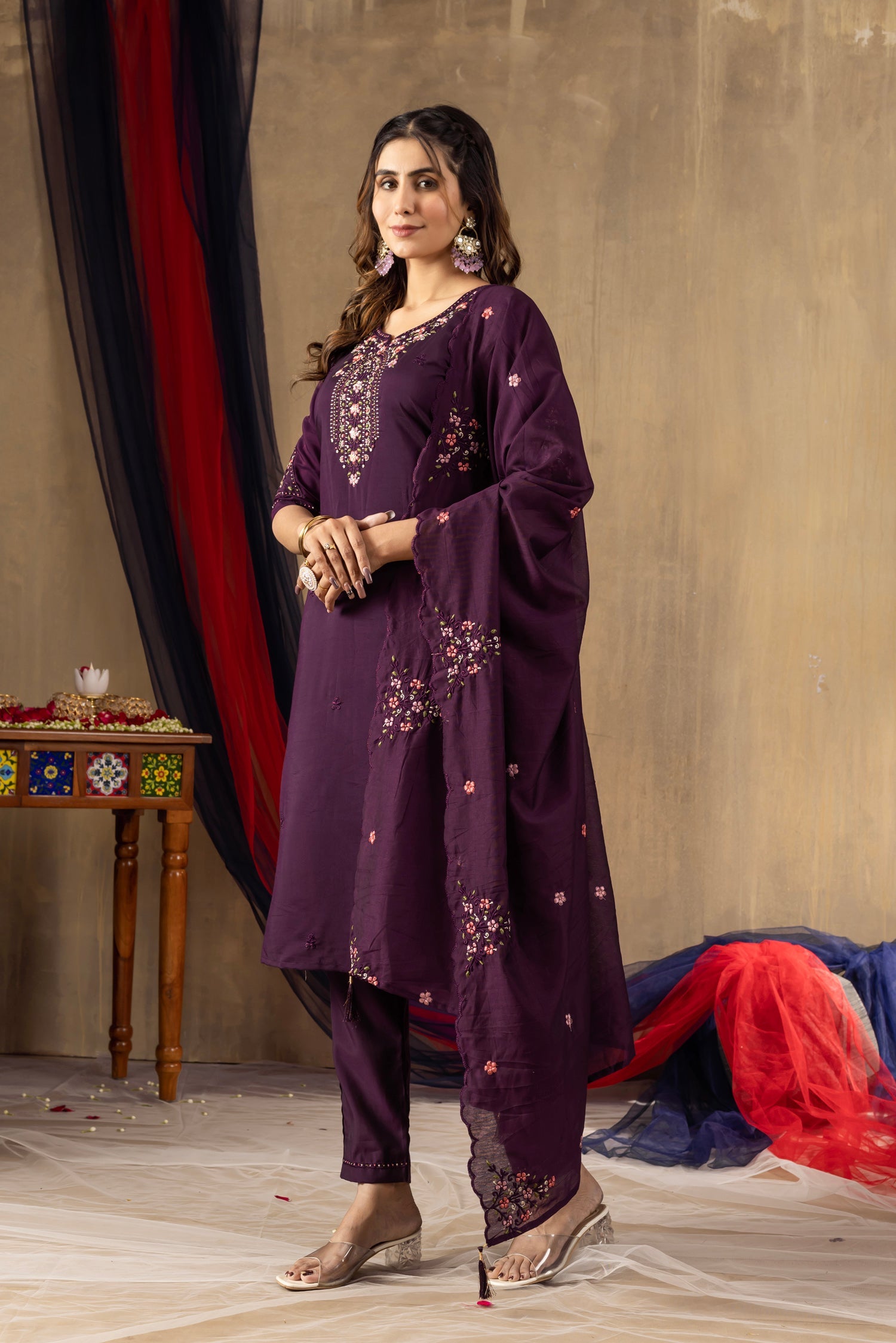 Lorenvalley Fashion Wine Roman Silk Embroidery Sequins with Hand work Kurta Pant Dupatta - Swadesiicart