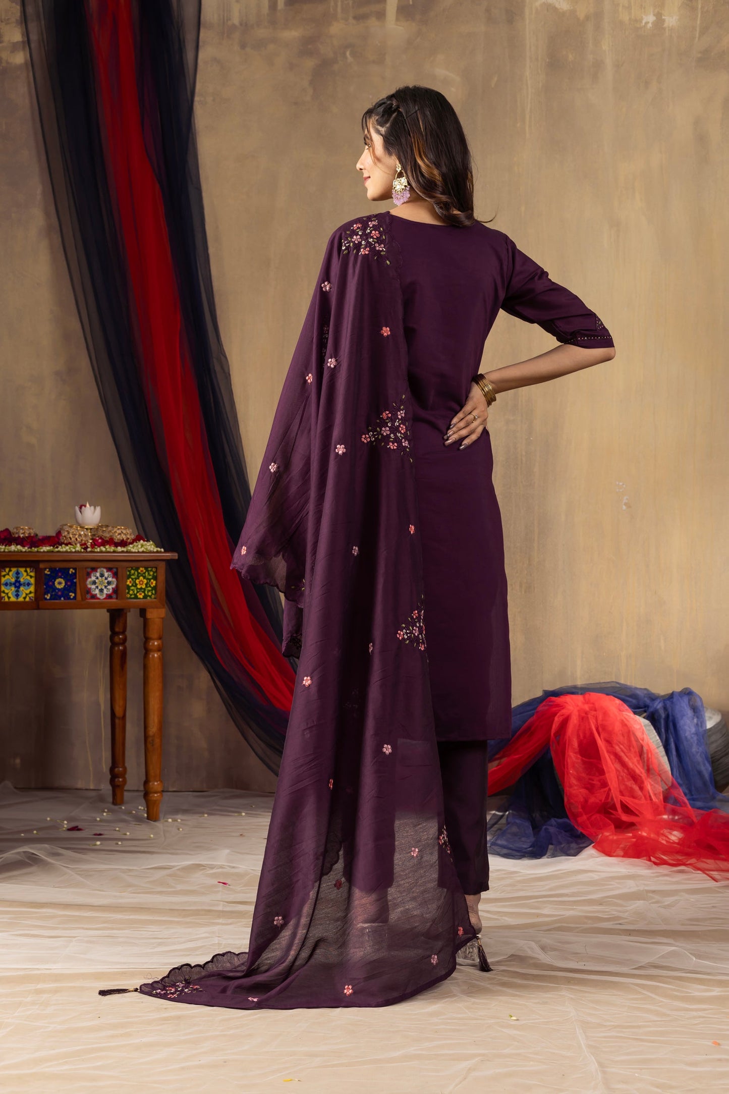 Lorenvalley Fashion Wine Roman Silk Embroidery Sequins with Hand work Kurta Pant Dupatta - Swadesiicart