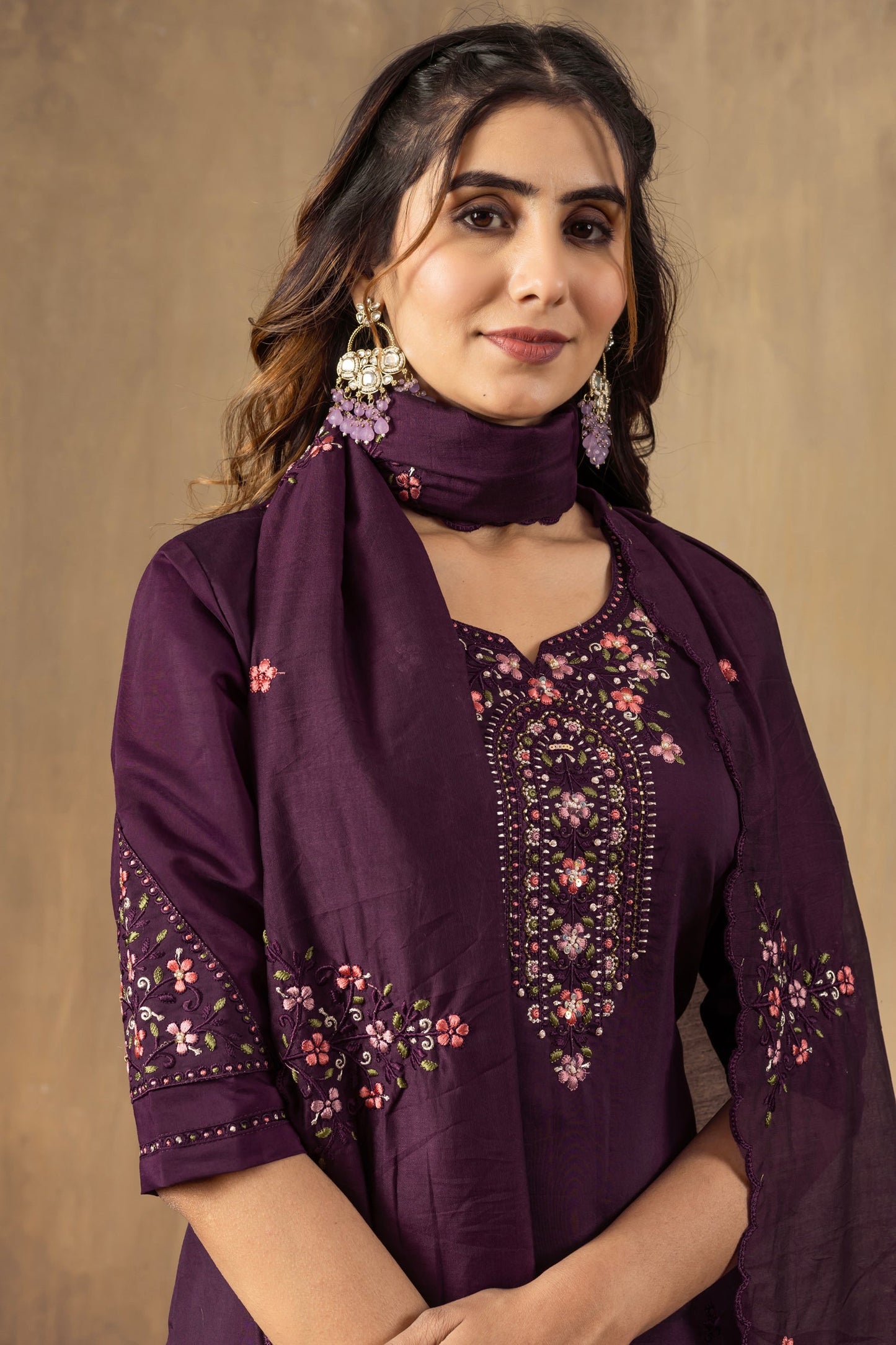 Lorenvalley Fashion Wine Roman Silk Embroidery Sequins with Hand work Kurta Pant Dupatta - Swadesiicart