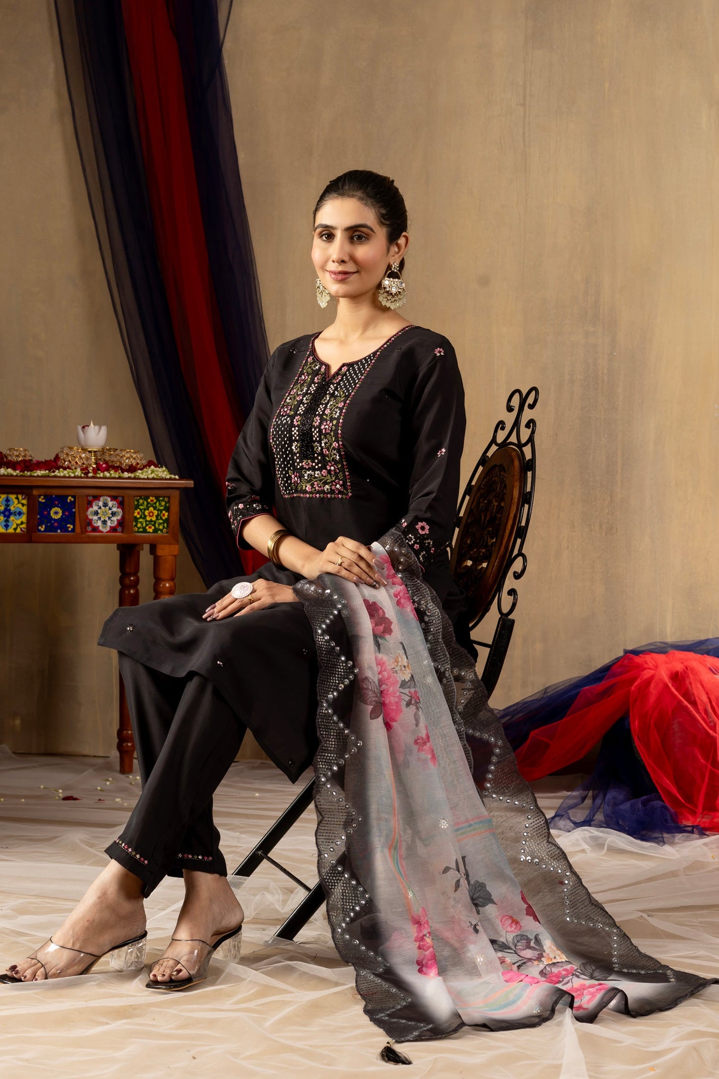 Lorenvalley Fashion Black Roman Silk Embroidery Sequins with Hand work Kurta Pant Dupatta - Swadesiicart