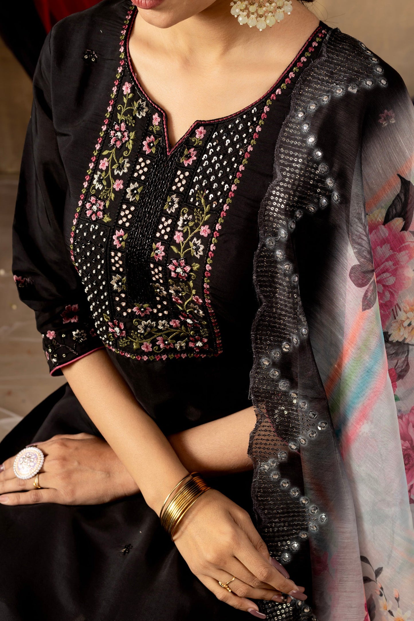 Lorenvalley Fashion Black Roman Silk Embroidery Sequins with Hand work Kurta Pant Dupatta - Swadesiicart