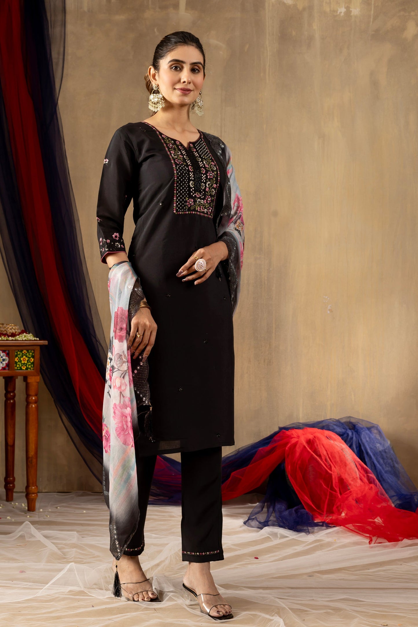 Lorenvalley Fashion Black Roman Silk Embroidery Sequins with Hand work Kurta Pant Dupatta - Swadesiicart