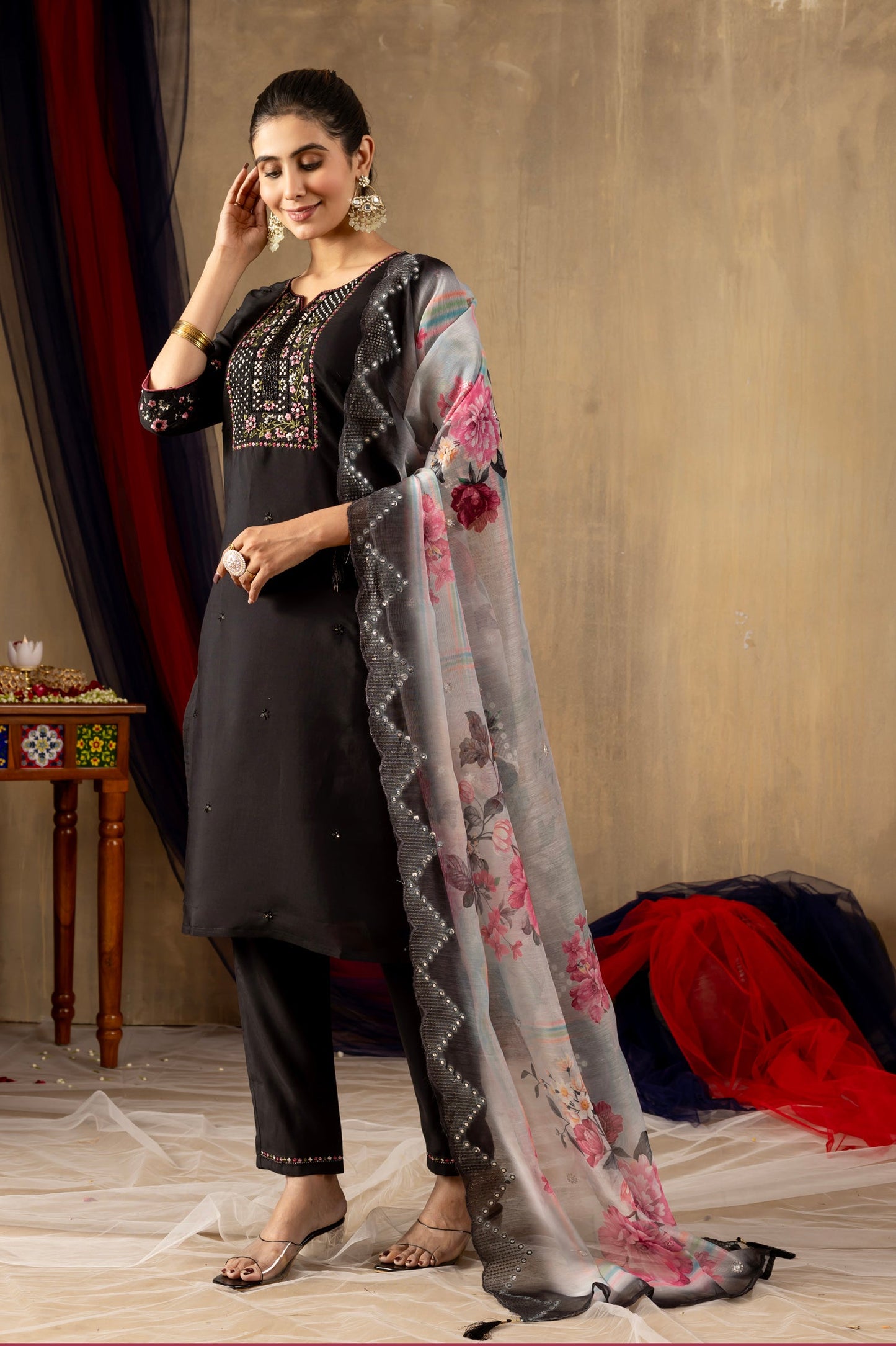 Lorenvalley Fashion Black Roman Silk Embroidery Sequins with Hand work Kurta Pant Dupatta - Swadesiicart