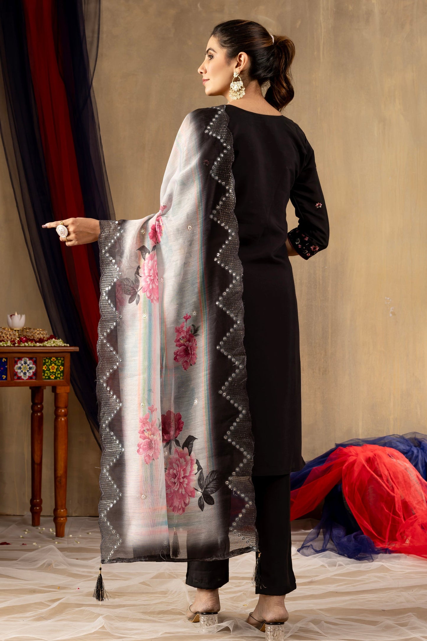 Lorenvalley Fashion Black Roman Silk Embroidery Sequins with Hand work Kurta Pant Dupatta - Swadesiicart
