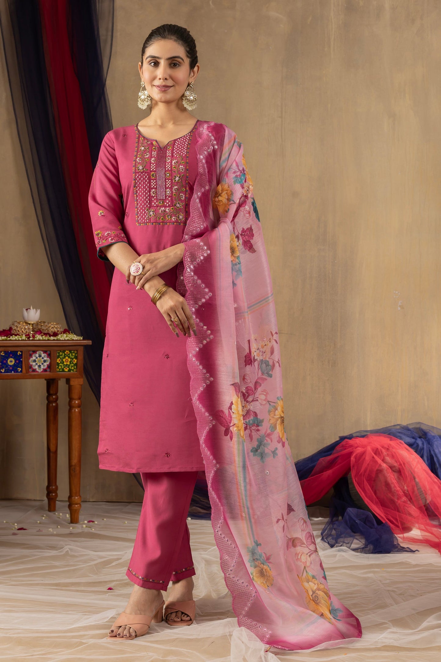 Lorenvalley Fashion Pink Roman Silk Embroidery Sequins with Hand work Kurta Pant Dupatta - Swadesiicart