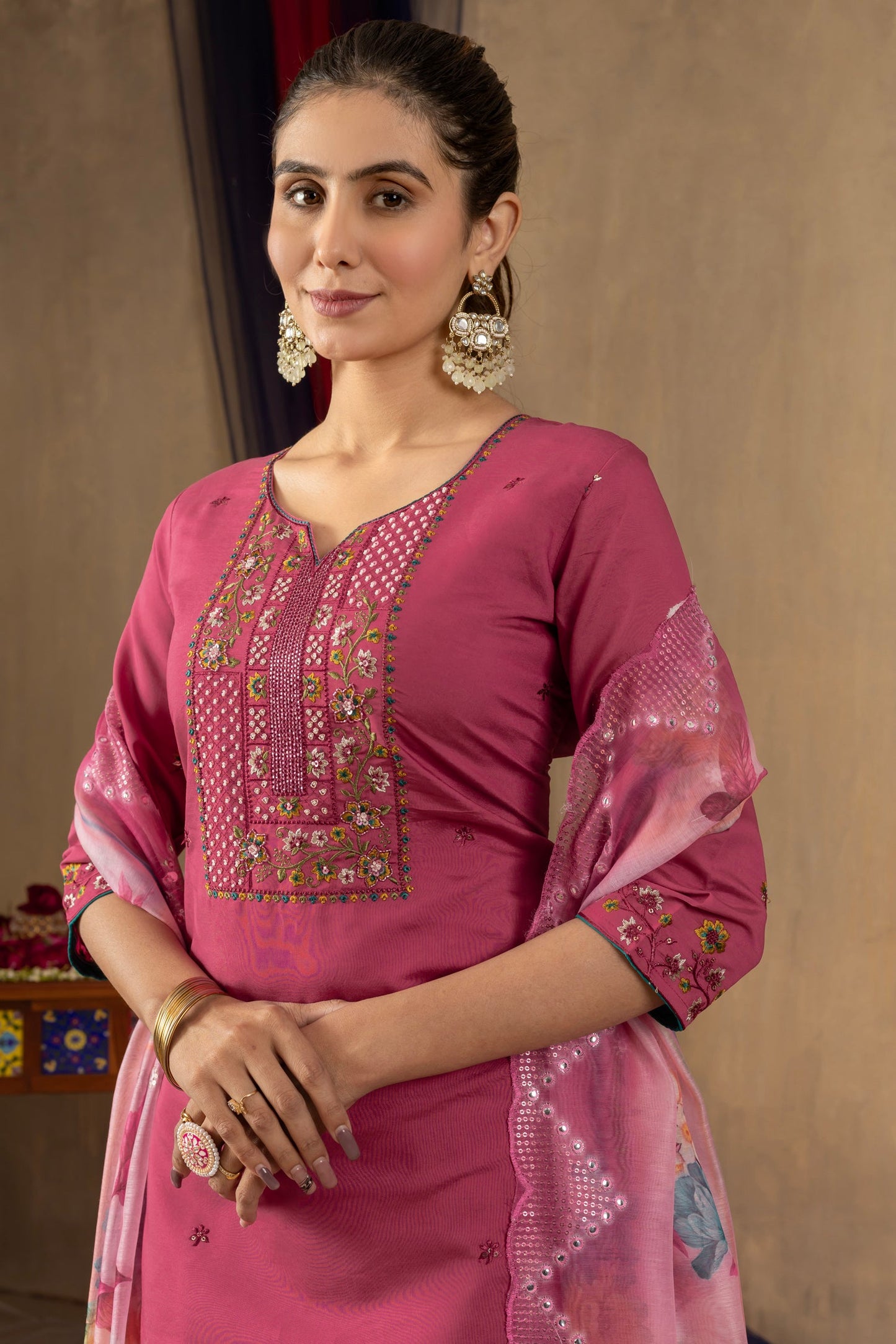 Lorenvalley Fashion Pink Roman Silk Embroidery Sequins with Hand work Kurta Pant Dupatta - Swadesiicart