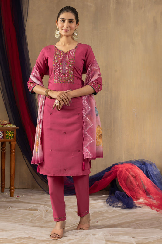 Lorenvalley Fashion Pink Roman Silk Embroidery Sequins with Hand work Kurta Pant Dupatta - Swadesiicart
