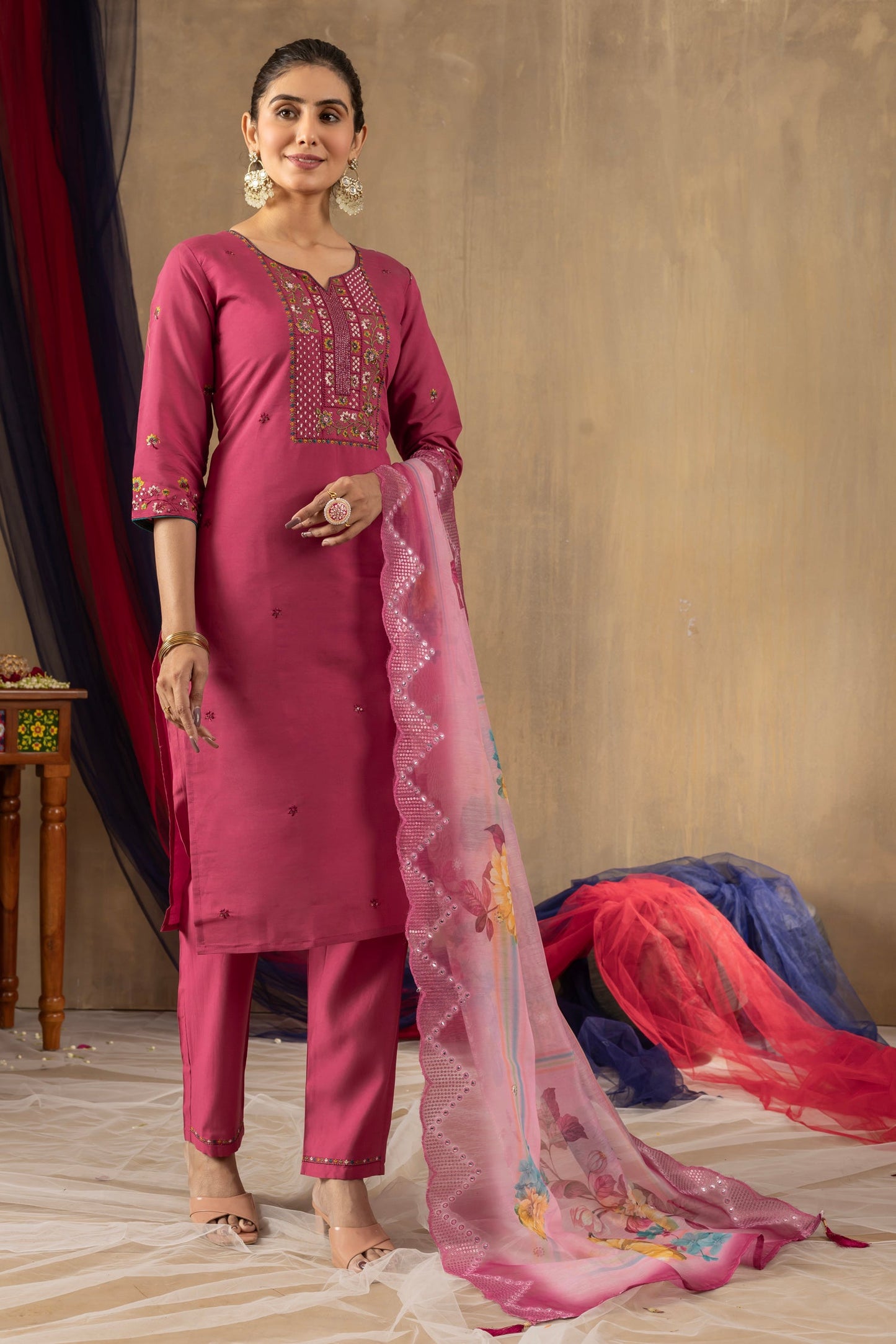 Lorenvalley Fashion Pink Roman Silk Embroidery Sequins with Hand work Kurta Pant Dupatta - Swadesiicart