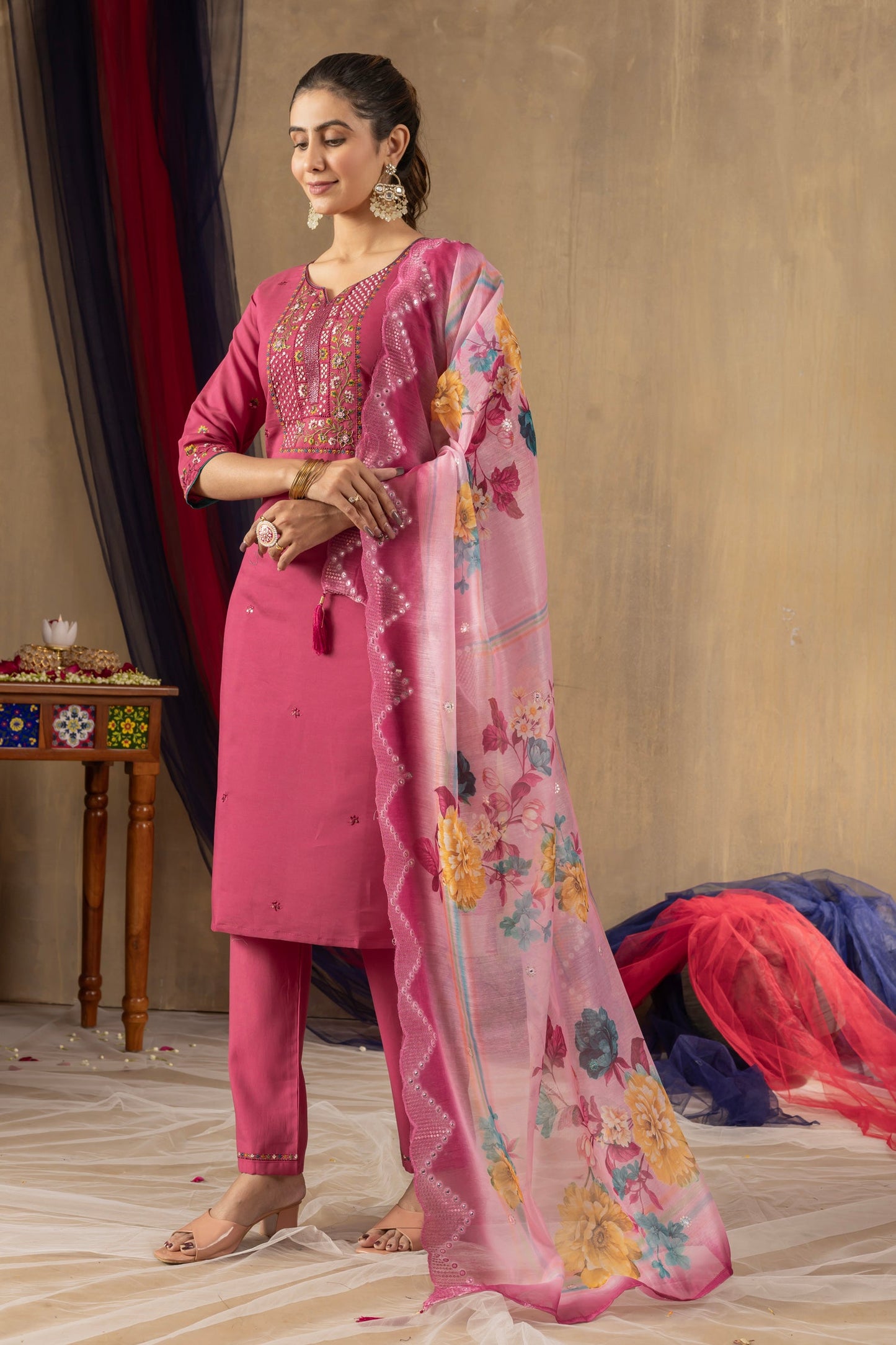 Lorenvalley Fashion Pink Roman Silk Embroidery Sequins with Hand work Kurta Pant Dupatta - Swadesiicart
