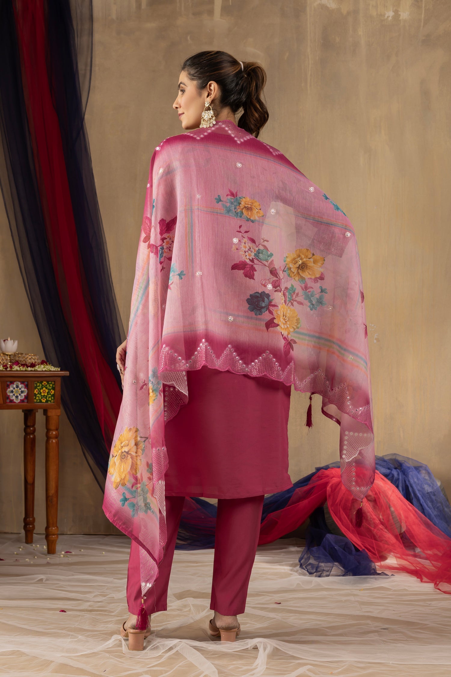 Lorenvalley Fashion Pink Roman Silk Embroidery Sequins with Hand work Kurta Pant Dupatta - Swadesiicart