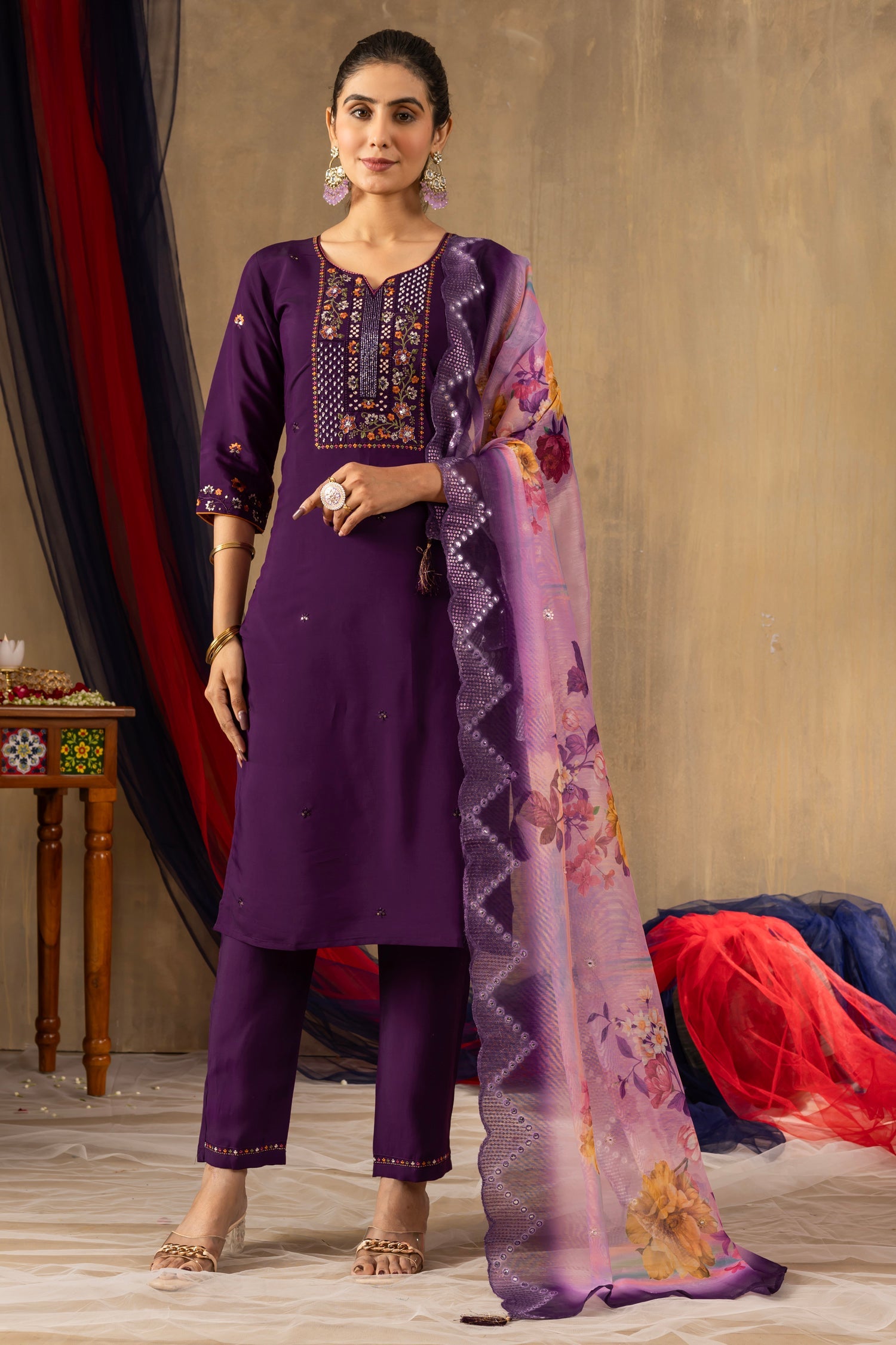 Lorenvalley Fashion Purple Roman Silk Embroidery Sequins with Hand work Kurta Pant Dupatta - Swadesiicart