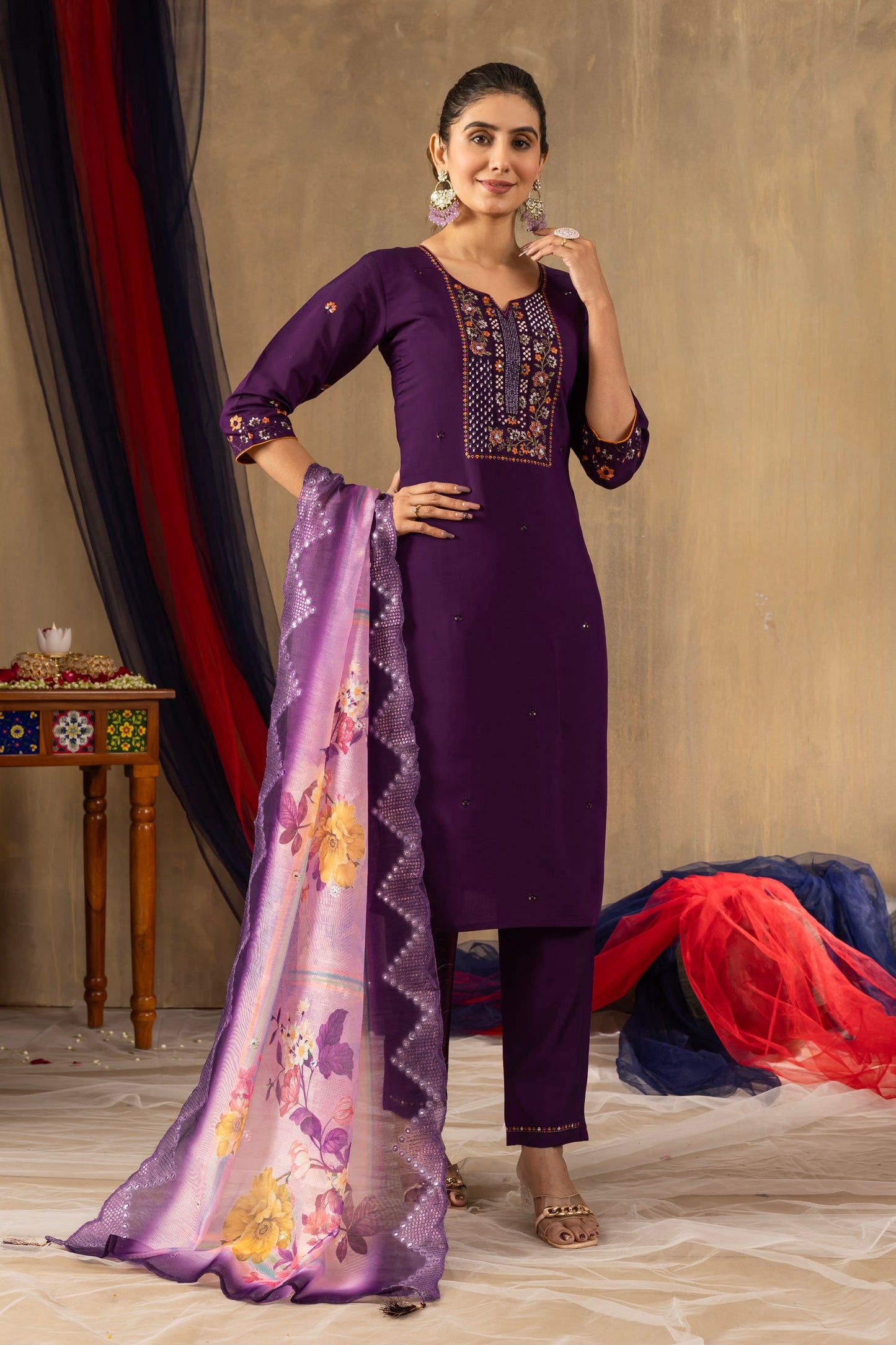 Lorenvalley Fashion Purple Roman Silk Embroidery Sequins with Hand work Kurta Pant Dupatta - Swadesiicart