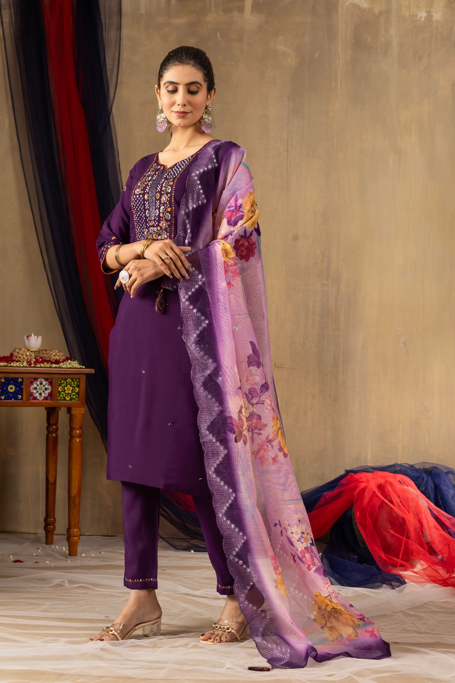 Lorenvalley Fashion Purple Roman Silk Embroidery Sequins with Hand work Kurta Pant Dupatta - Swadesiicart