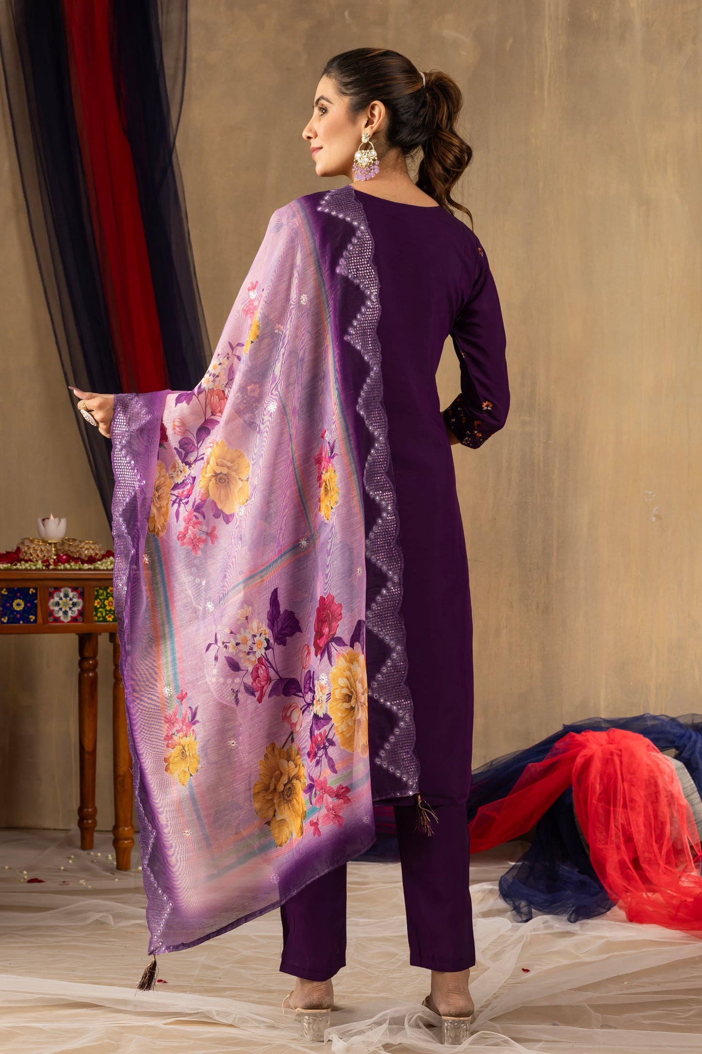 Lorenvalley Fashion Purple Roman Silk Embroidery Sequins with Hand work Kurta Pant Dupatta - Swadesiicart