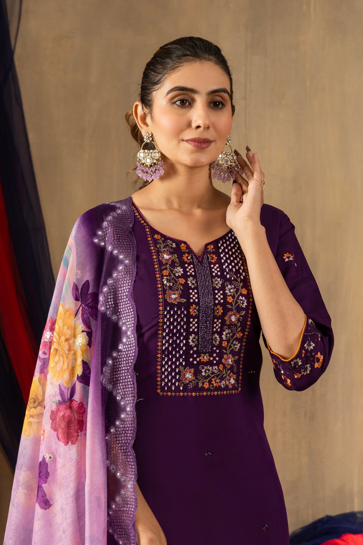 Lorenvalley Fashion Purple Roman Silk Embroidery Sequins with Hand work Kurta Pant Dupatta - Swadesiicart