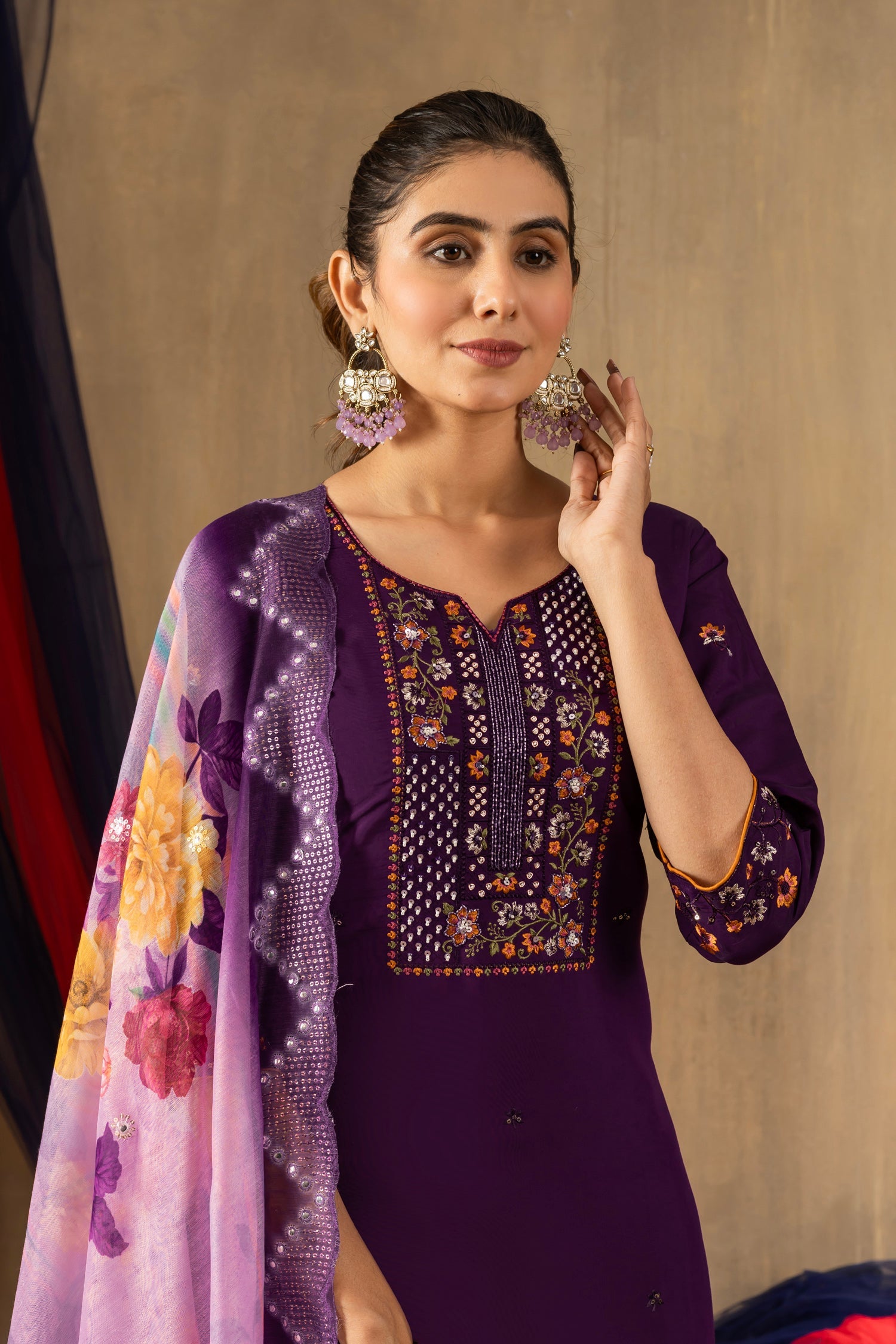 Lorenvalley Fashion Purple Roman Silk Embroidery Sequins with Hand work Kurta Pant Dupatta - Swadesiicart