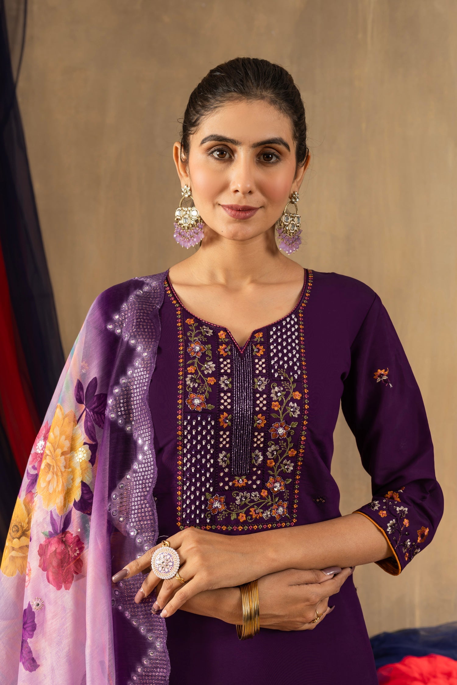 Lorenvalley Fashion Purple Roman Silk Embroidery Sequins with Hand work Kurta Pant Dupatta - Swadesiicart