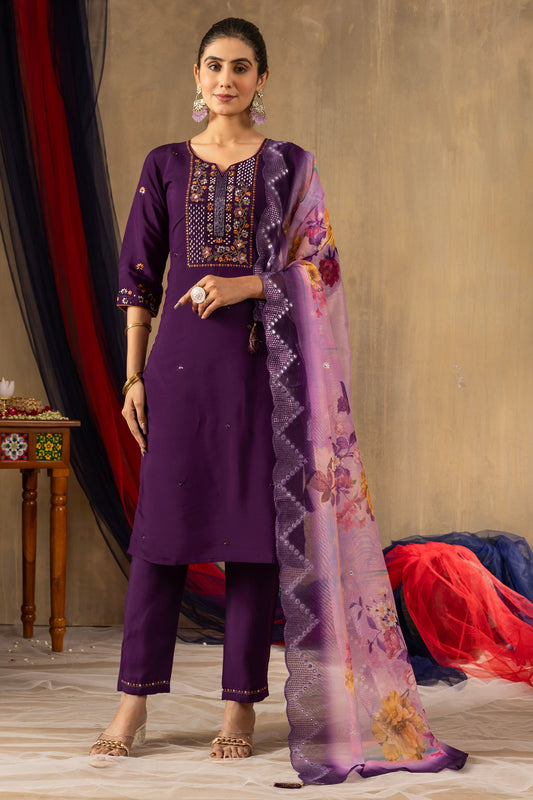 Lorenvalley Fashion Purple Roman Silk Embroidery Sequins with Hand work Kurta Pant Dupatta - Swadesiicart