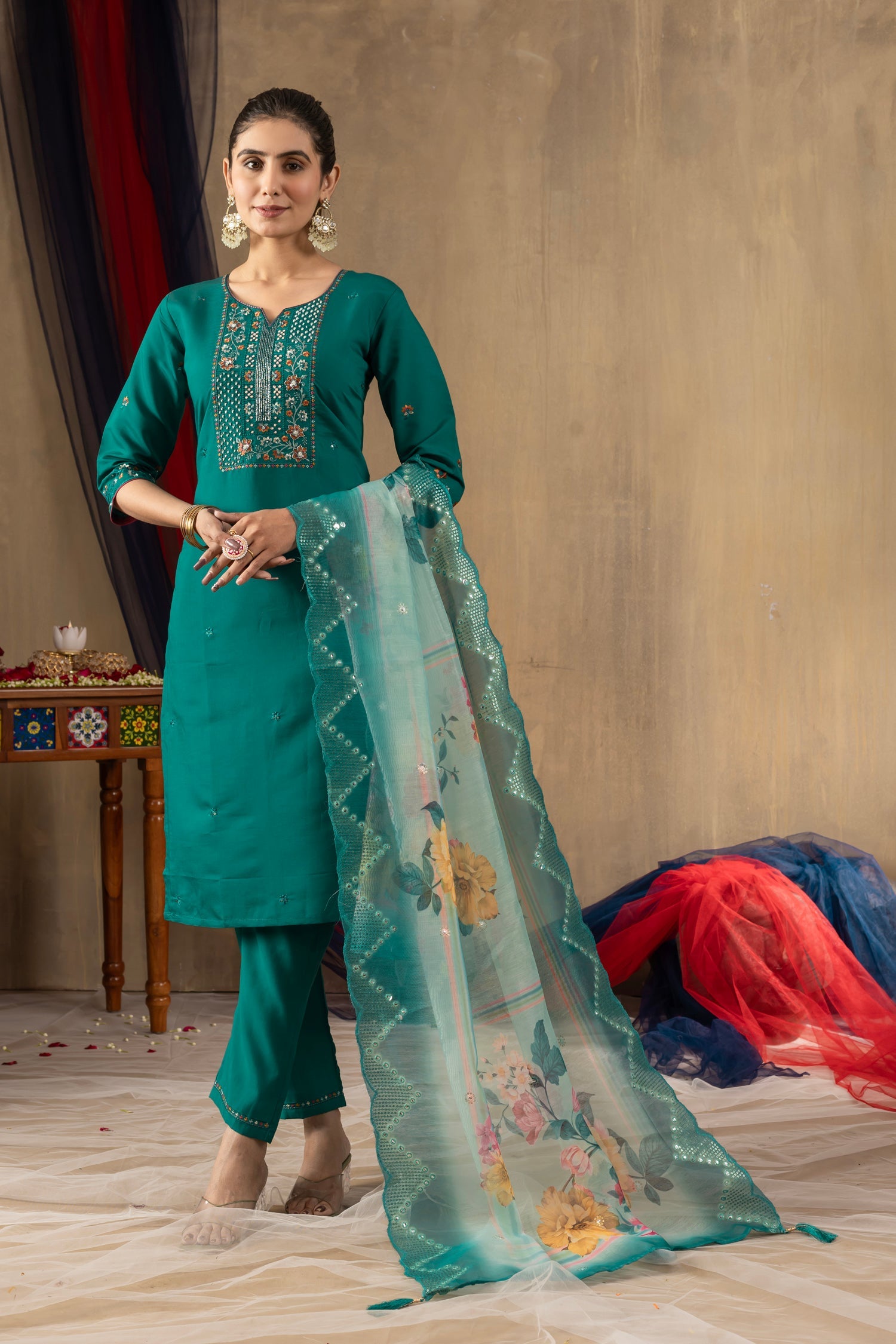 Lorenvalley Fashion Rama Roman Silk Embroidery Sequins with Hand work Kurta Pant Dupatta - Swadesiicart
