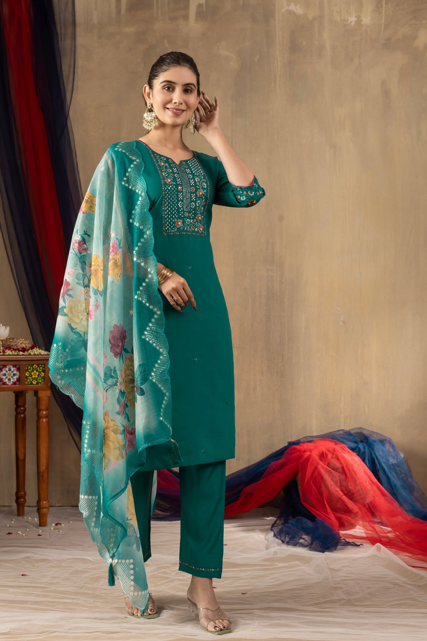 Lorenvalley Fashion Rama Roman Silk Embroidery Sequins with Hand work Kurta Pant Dupatta - Swadesiicart