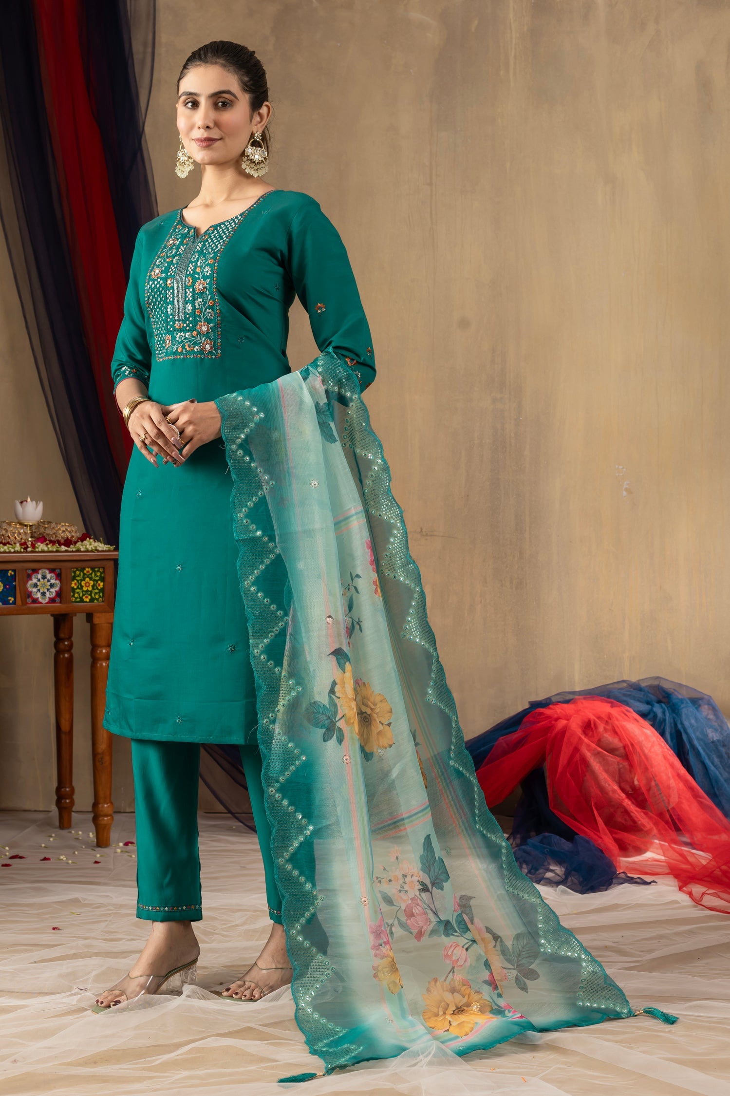 Lorenvalley Fashion Rama Roman Silk Embroidery Sequins with Hand work Kurta Pant Dupatta - Swadesiicart