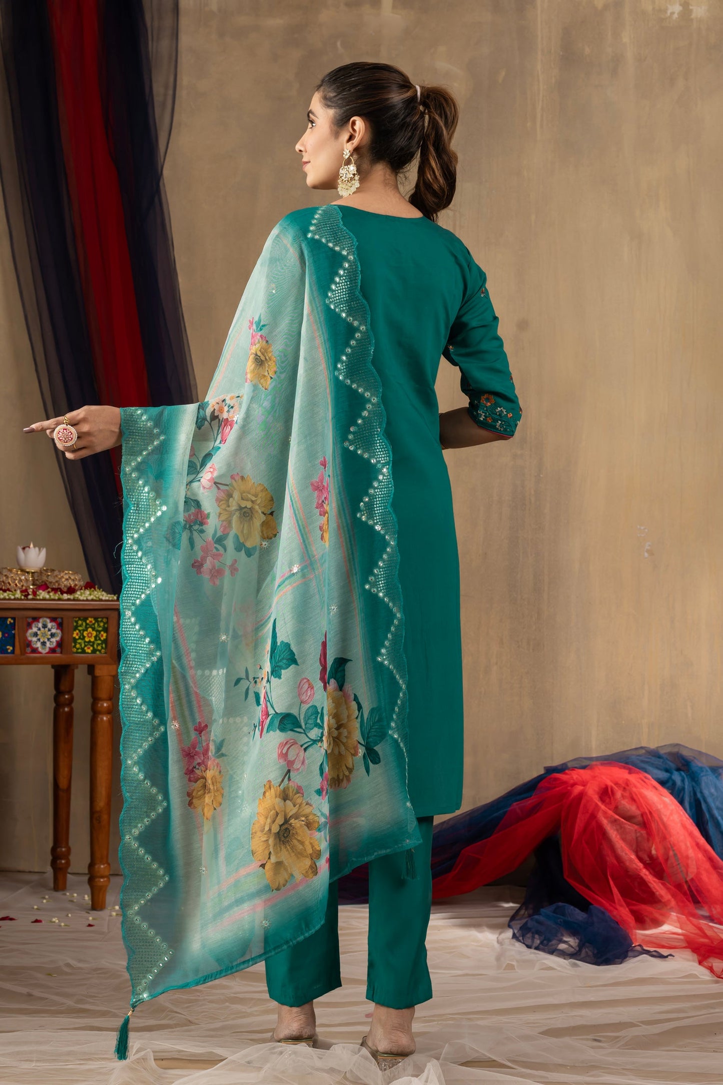 Lorenvalley Fashion Rama Roman Silk Embroidery Sequins with Hand work Kurta Pant Dupatta - Swadesiicart