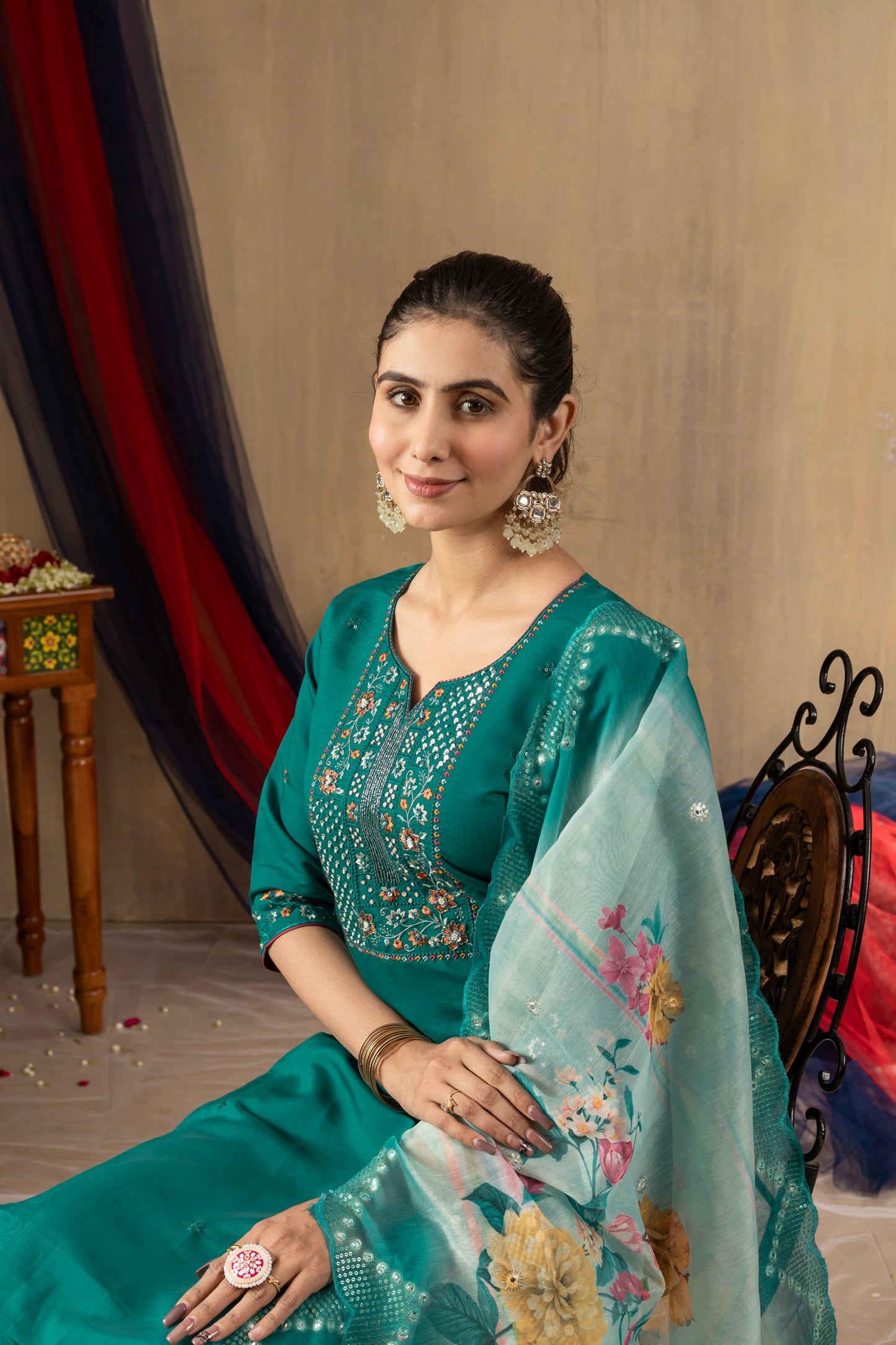 Lorenvalley Fashion Rama Roman Silk Embroidery Sequins with Hand work Kurta Pant Dupatta - Swadesiicart