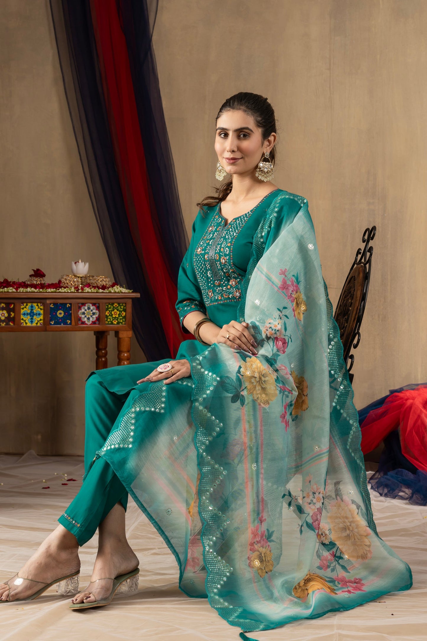 Lorenvalley Fashion Rama Roman Silk Embroidery Sequins with Hand work Kurta Pant Dupatta - Swadesiicart