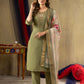 Lorenvalley Fashion Green Shimmer Gold Silk Multi Embroidery Thread With Hand Work Kurta Pant Dupatta - Swadesiicart