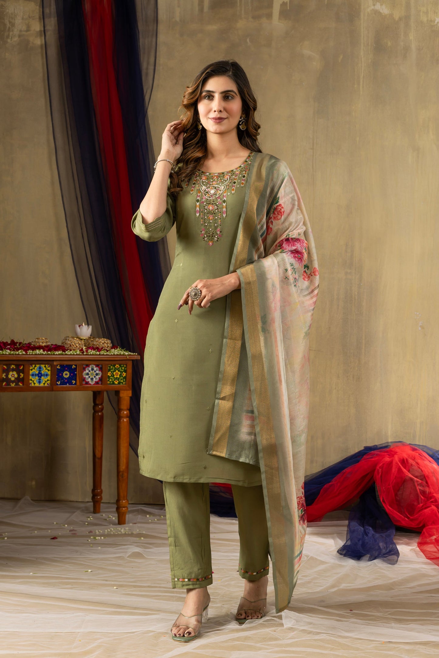 Lorenvalley Fashion Green Shimmer Gold Silk Multi Embroidery Thread With Hand Work Kurta Pant Dupatta - Swadesiicart