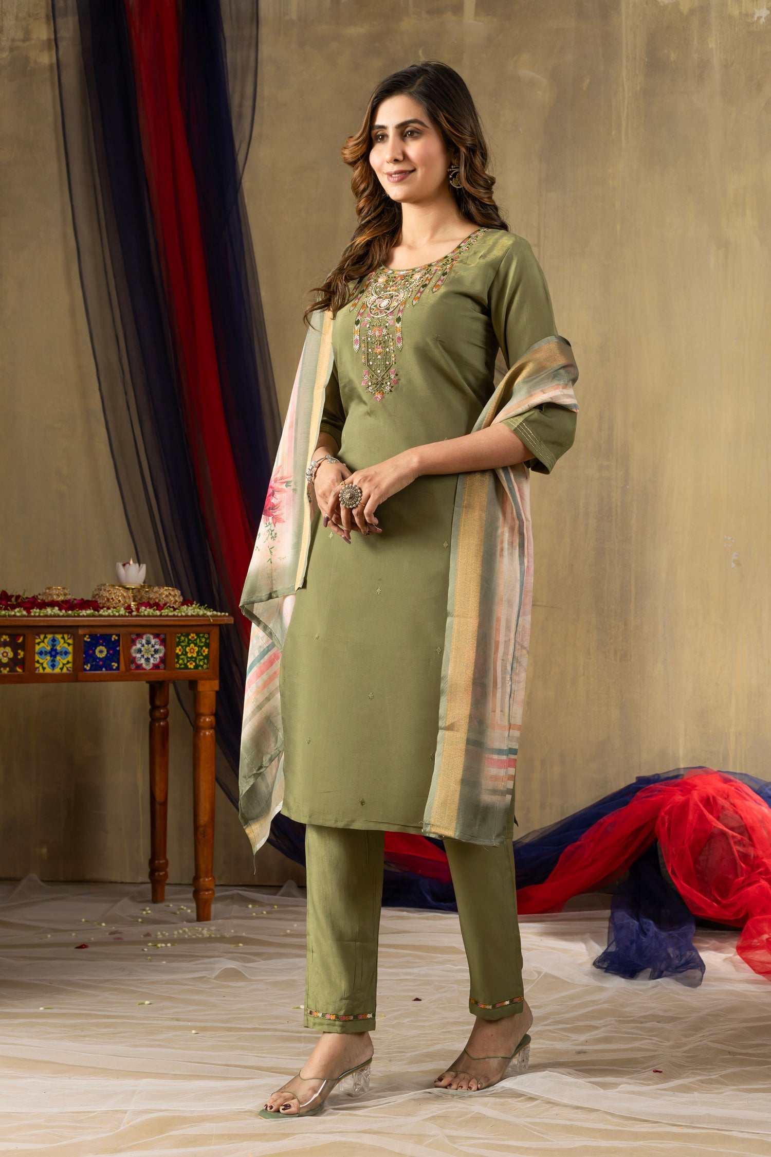 Lorenvalley Fashion Green Shimmer Gold Silk Multi Embroidery Thread With Hand Work Kurta Pant Dupatta - Swadesiicart