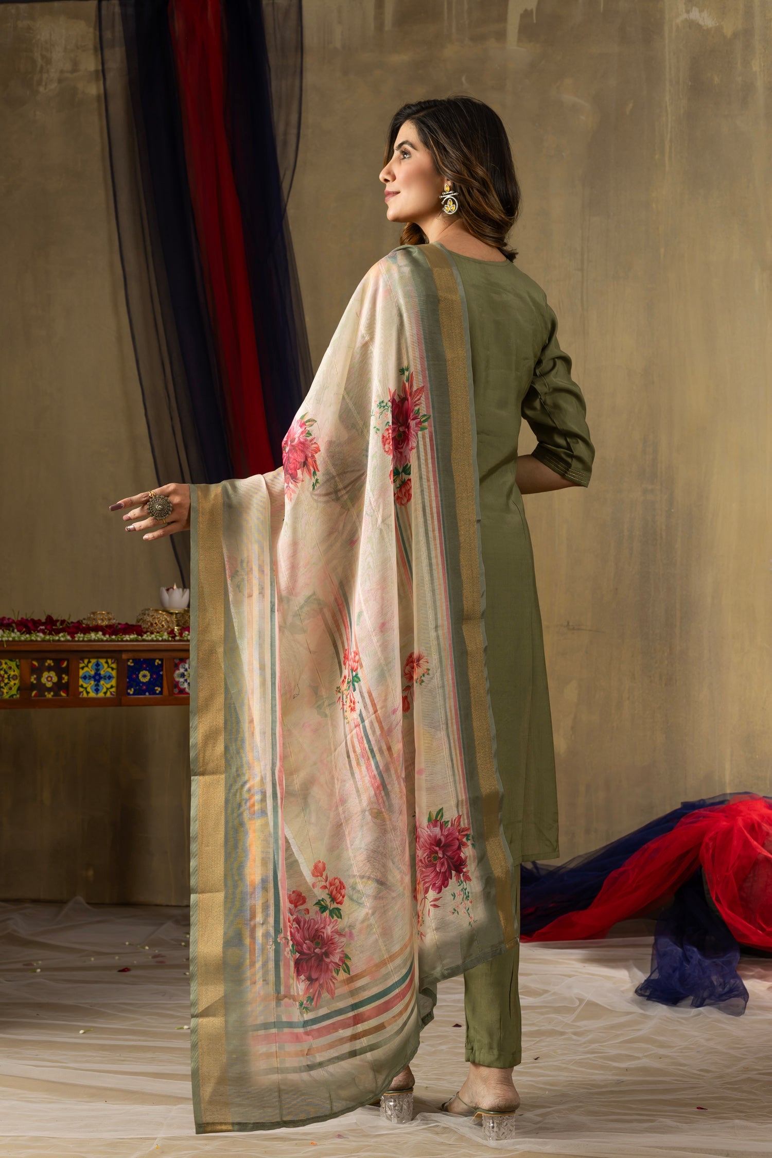 Lorenvalley Fashion Green Shimmer Gold Silk Multi Embroidery Thread With Hand Work Kurta Pant Dupatta - Swadesiicart