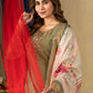 Lorenvalley Fashion Green Shimmer Gold Silk Multi Embroidery Thread With Hand Work Kurta Pant Dupatta - Swadesiicart